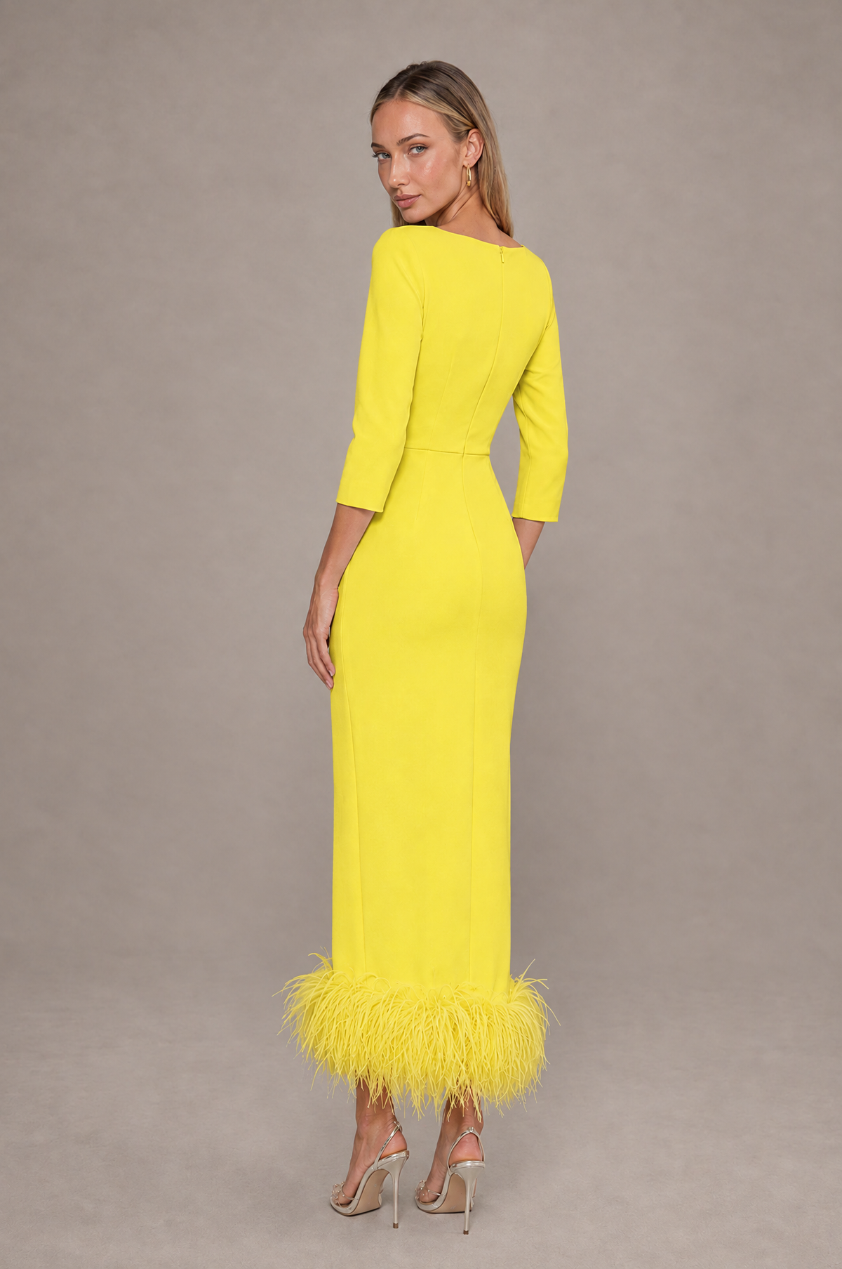 BOLODOO Yellow Feather-Trim Twist-Waist Midi Dress - Yellow - Yellow_2