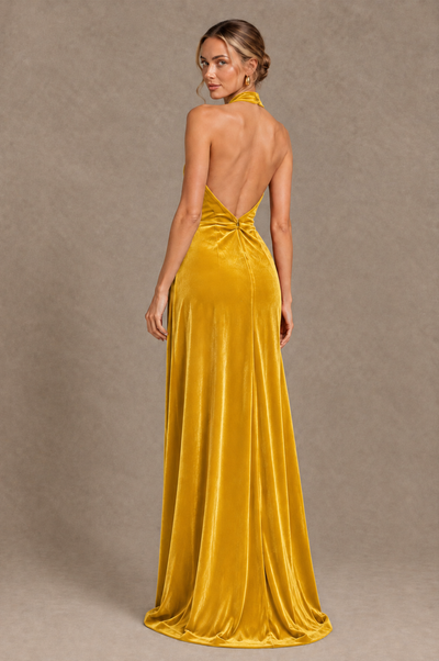 BOLODOO Yellow Velvet Halter Open-Back Ruched Evening Dress - Yellow - Yellow_2