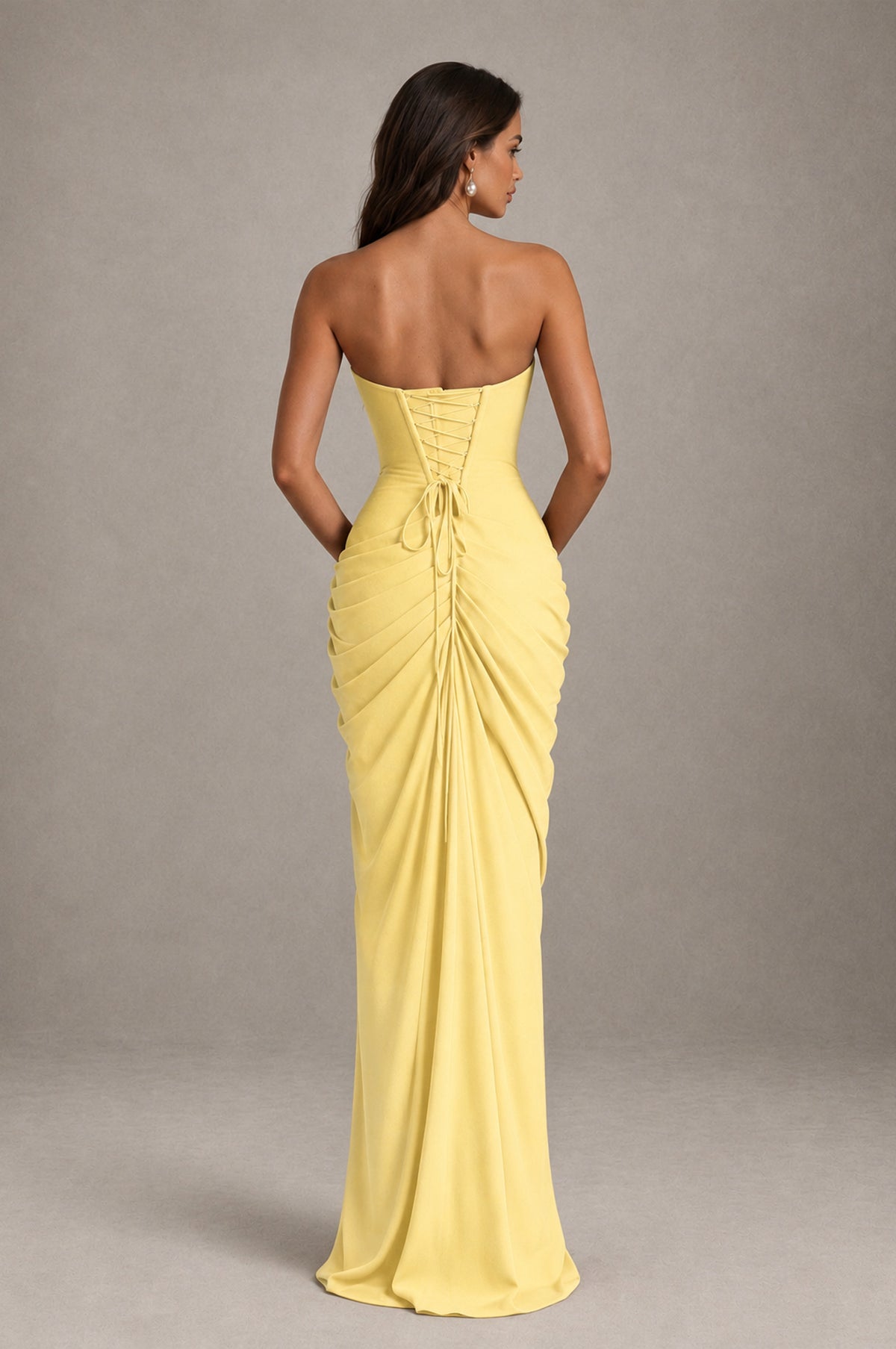 BOLODOO Strapless Draped Maxi Dress - Yellow Backless Evening Gown with High Slit - Yellow - Yellow_2