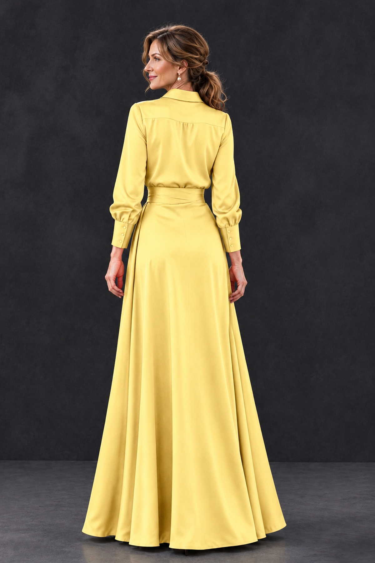 BOLODOO Yellow Long Sleeve Satin-Look Lace Panel Gown - Yellow - Yellow_2