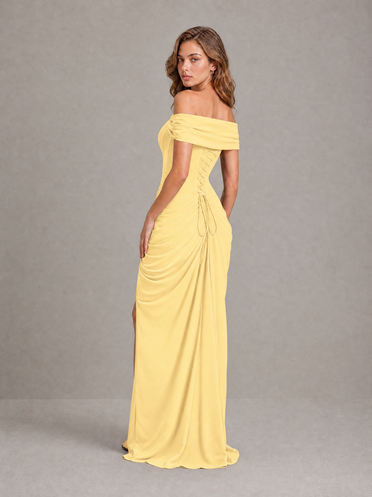 BOLODOO Yellow Off-Shoulder Ruched Corset Wedding Guest Dress with Slit - Yellow - Yellow_2