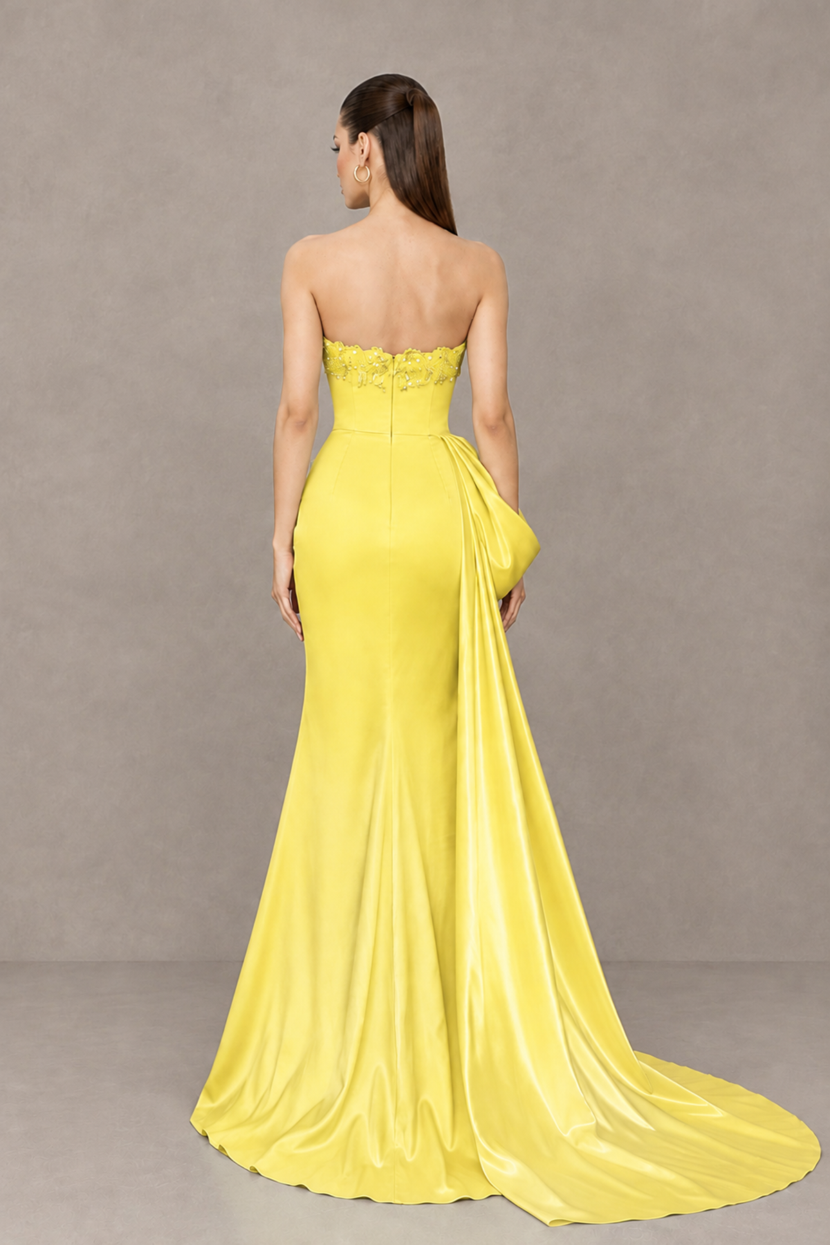 BOLODOO Yellow Strapless Satin Prom Dress with Draped Side Train - Yellow - Yellow_2