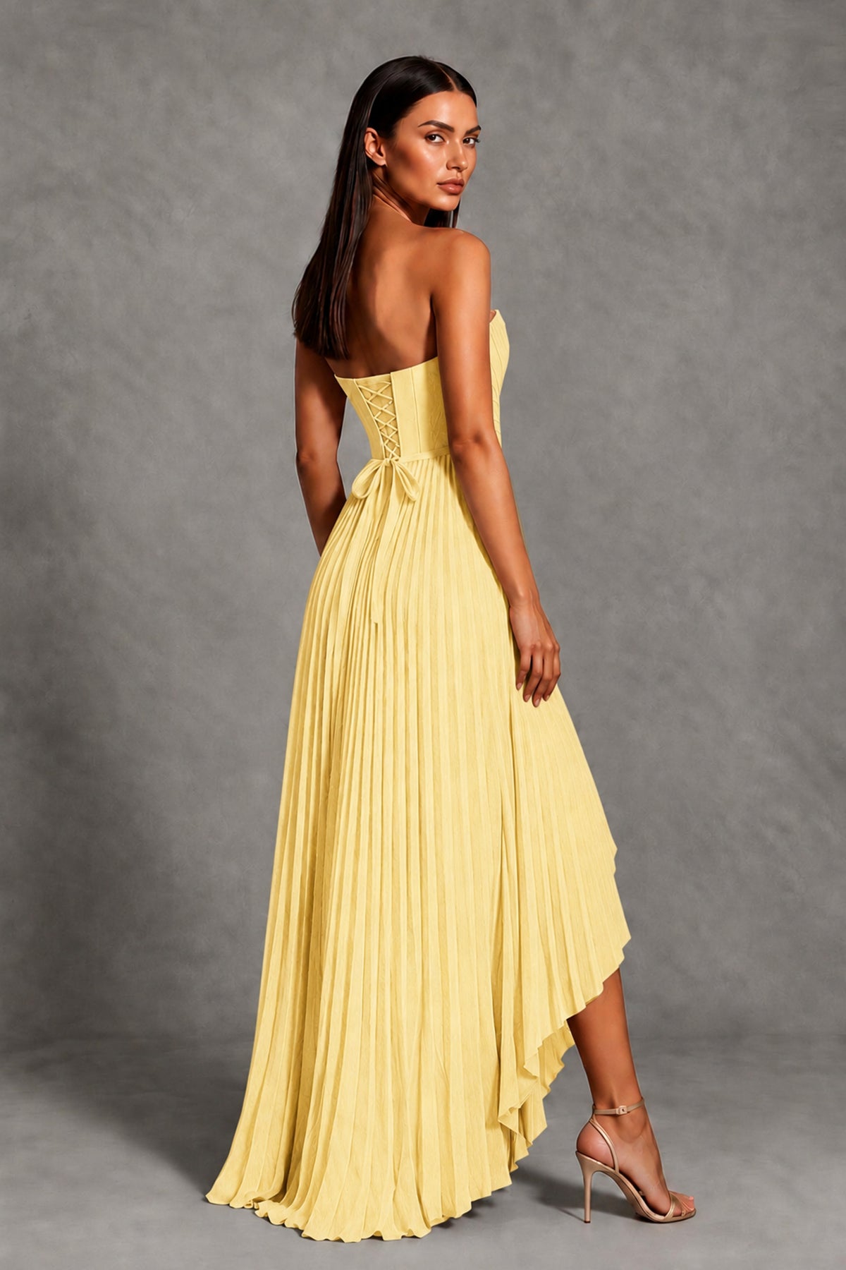 Yellow Strapless Pleated High-Low Evening Gown with Ruffle Hem - Yellow - Yellow_2