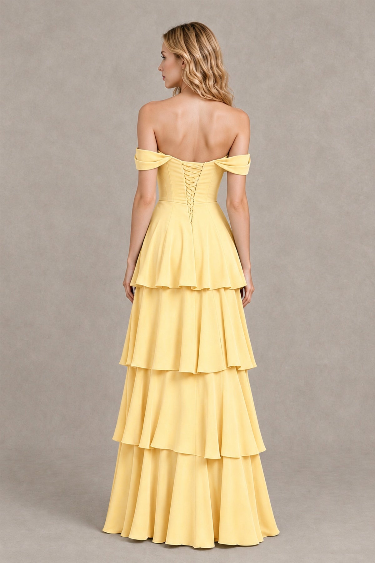 BOLODOO Yellow Off-the-Shoulder Tiered A-Line Evening Bridesmaid Dress - Yellow - Yellow_2