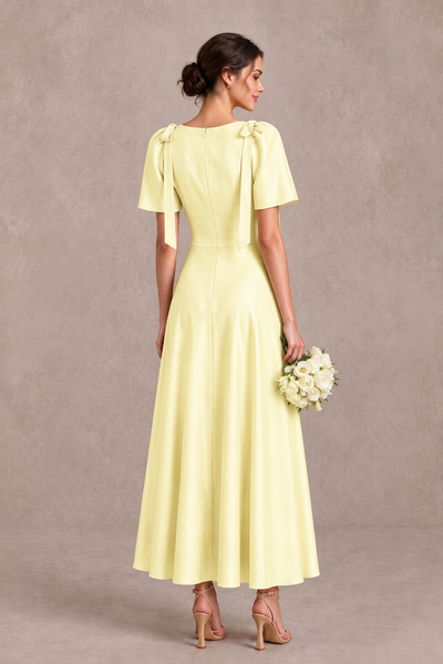 BOLODOO Yellow V-Neck Short Sleeve Satin-Look Bridesmaid Dress with Shoulder Bows - Yellow - Yellow_2