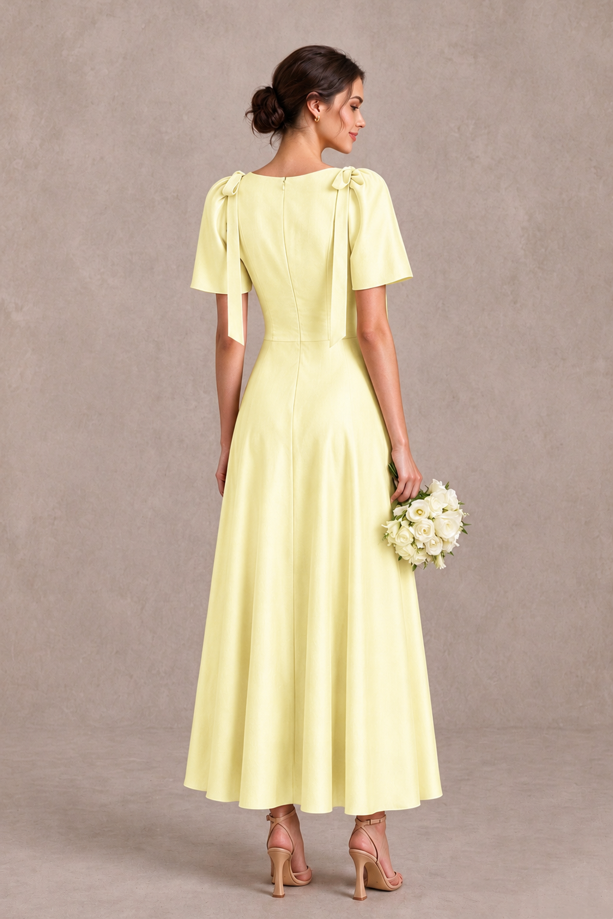 BOLODOO Yellow V-Neck Short Sleeve Satin-Look Bridesmaid Dress with Shoulder Bows - Yellow - Yellow_2