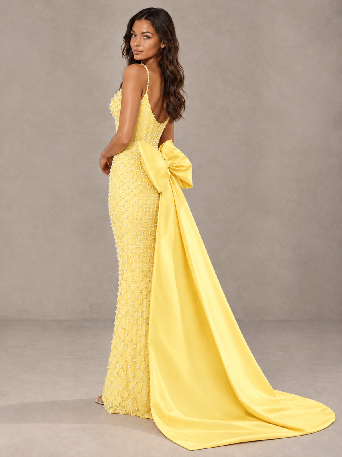 BOLODOO Yellow Beaded Corset Prom Dress with Bow Train - Yellow - Yellow_2