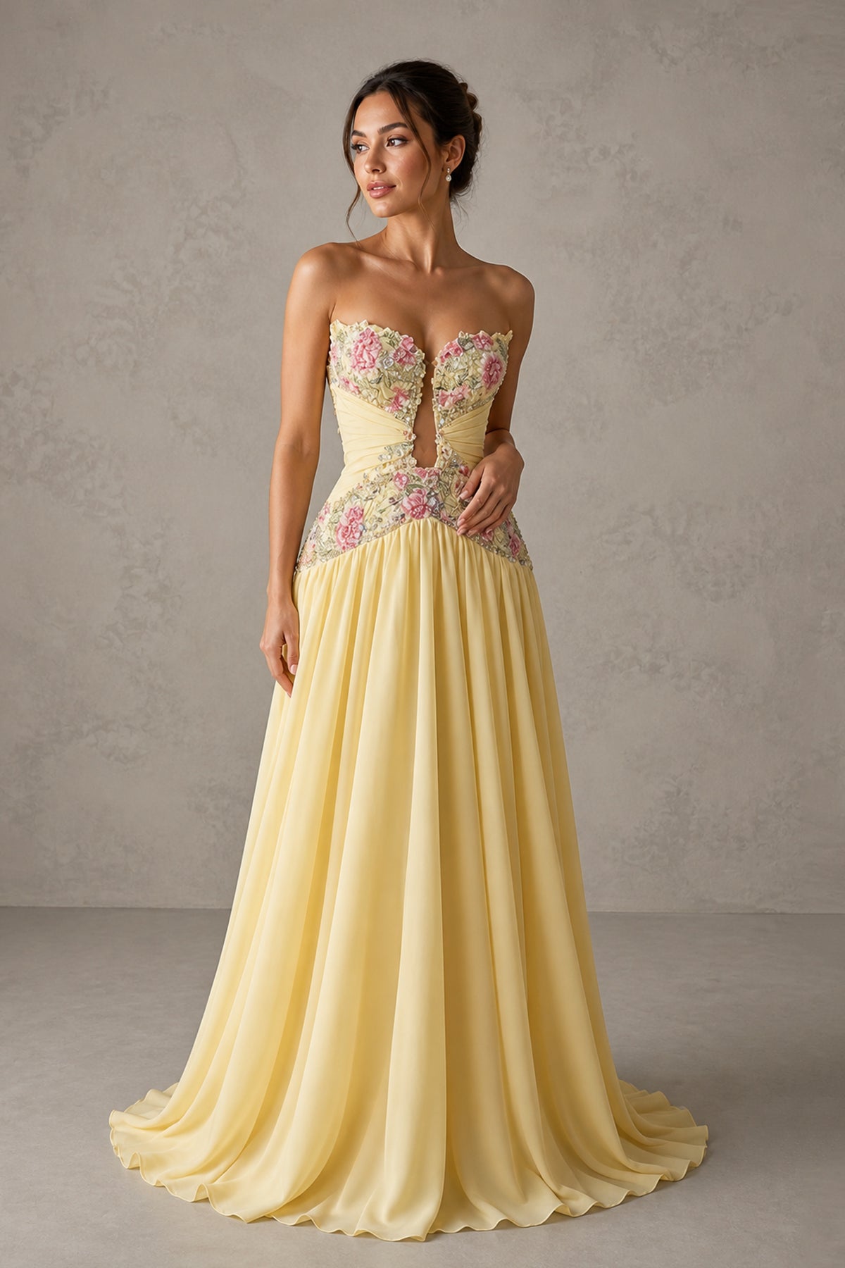 Yellow Strapless Sweetheart A-Line Chiffon Gown with 3D Floral Appliques & Cutout | BOLODOO - Yellow