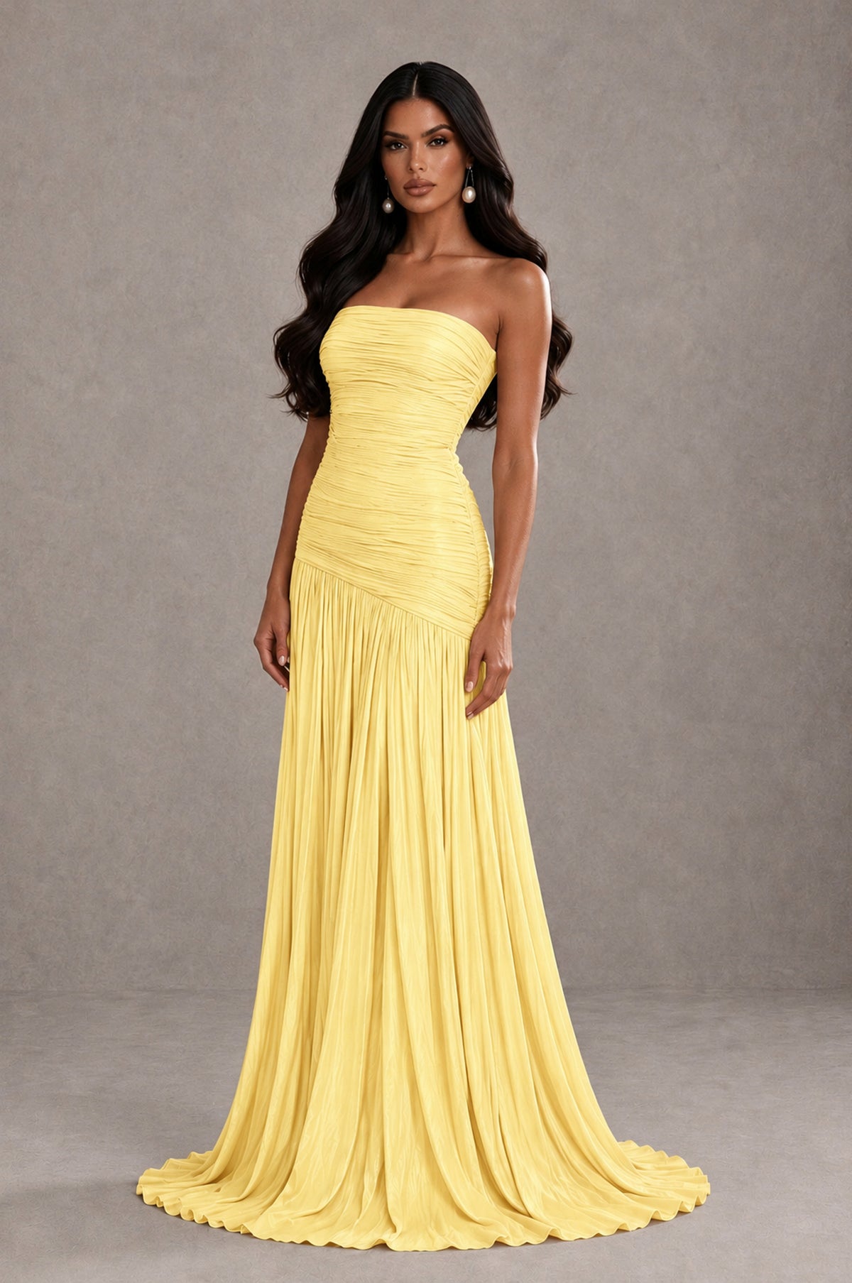 BOLODOO Yellow Metallic Ruched Strapless Pleated A-Line Backless Maxi Dress with Train - Yellow - Yellow_3