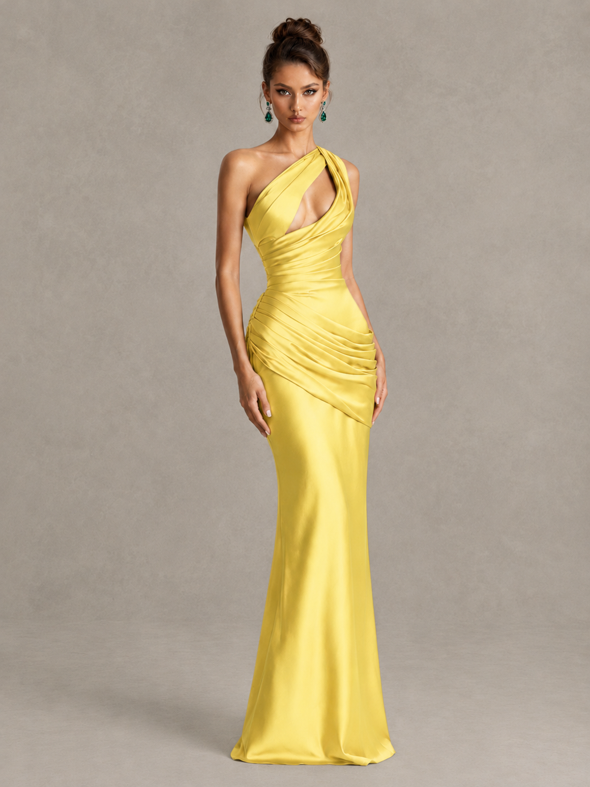 BOLODOO Yellow One-Shoulder Cutout Satin Mermaid Prom Dress - Yellow - Yellow_3