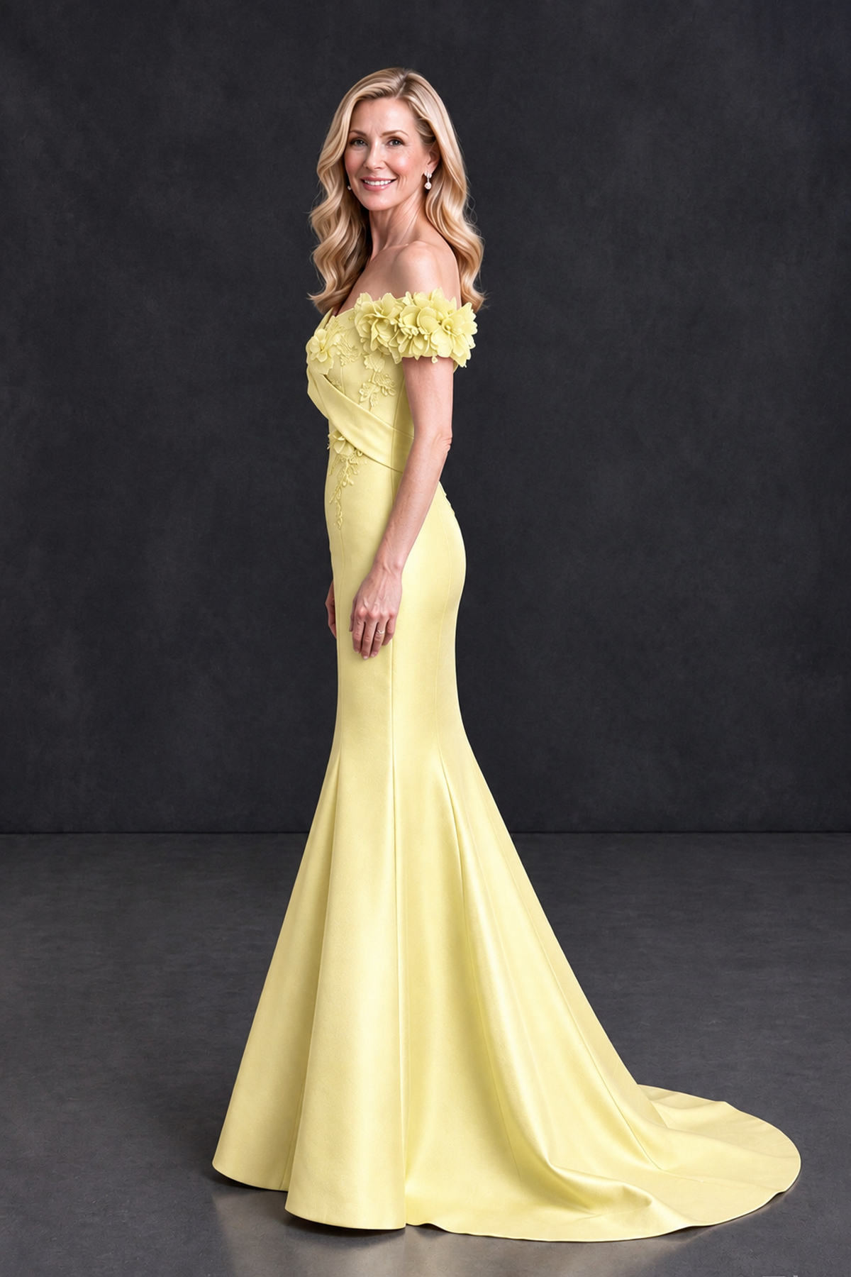 BOLODOO Yellow Off-Shoulder Floral Mermaid Mother of the Bride Dress - Yellow - Yellow_3