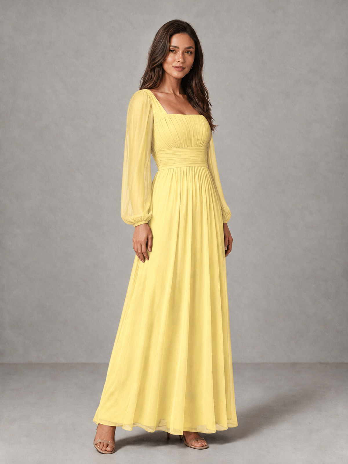 BOLODOO Yellow Square Neck Long Sleeve Chiffon Bridesmaid Dress - Yellow - Yellow_3