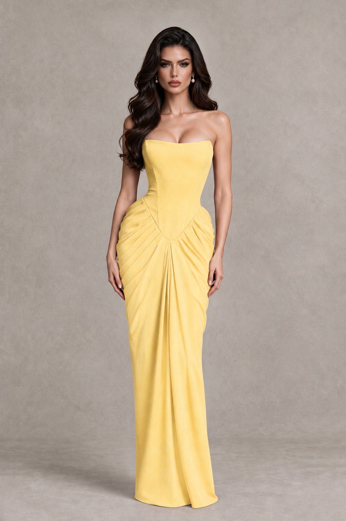 BOLODOO Yellow Strapless Ruched Corset Evening Gown - Yellow - Yellow_3