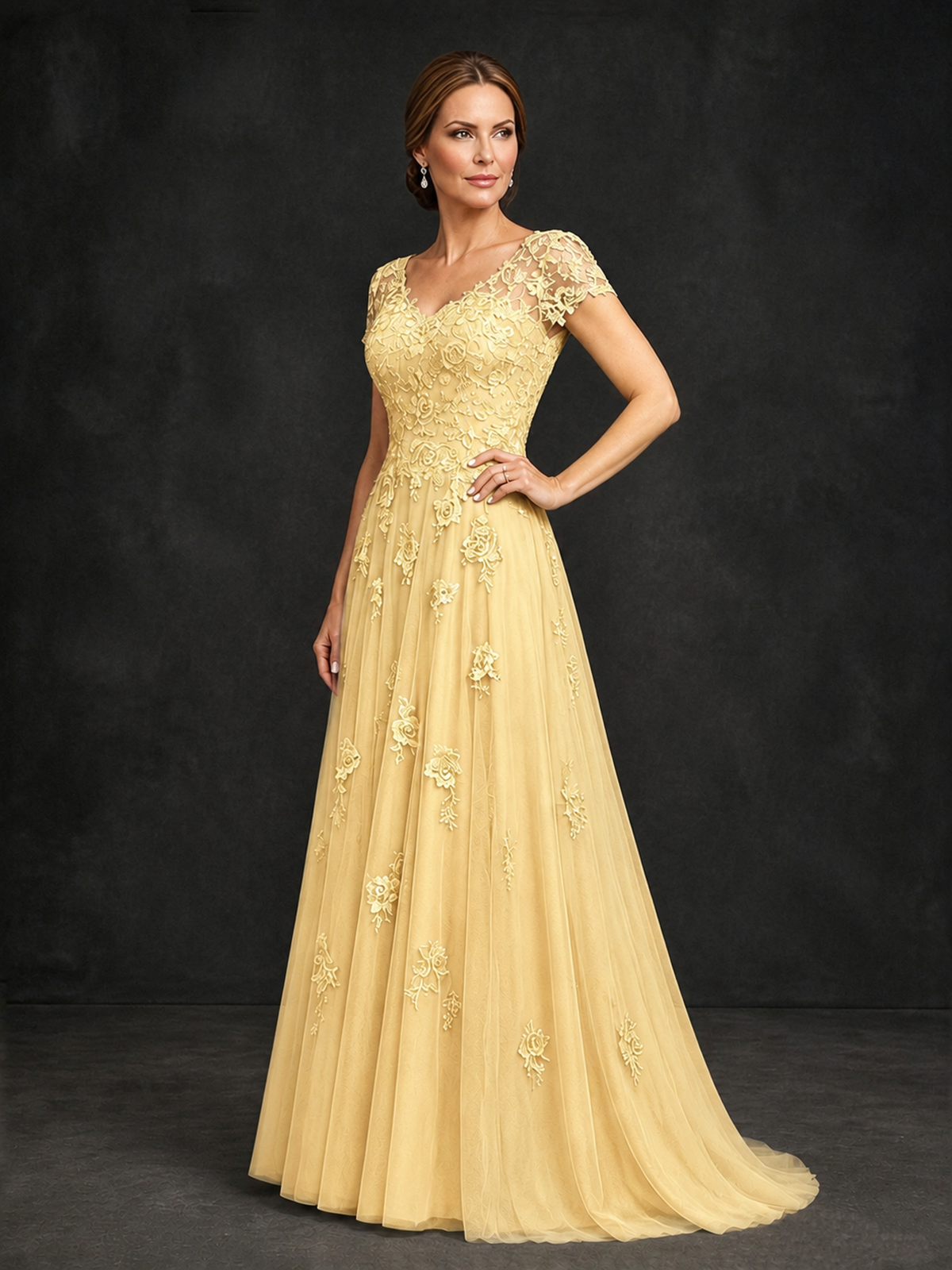 BOLODOO Yellow Cap Sleeve Lace Appliqué A-Line Formal Gown | Mother of the Bride Dress - Yellow - Yellow_3