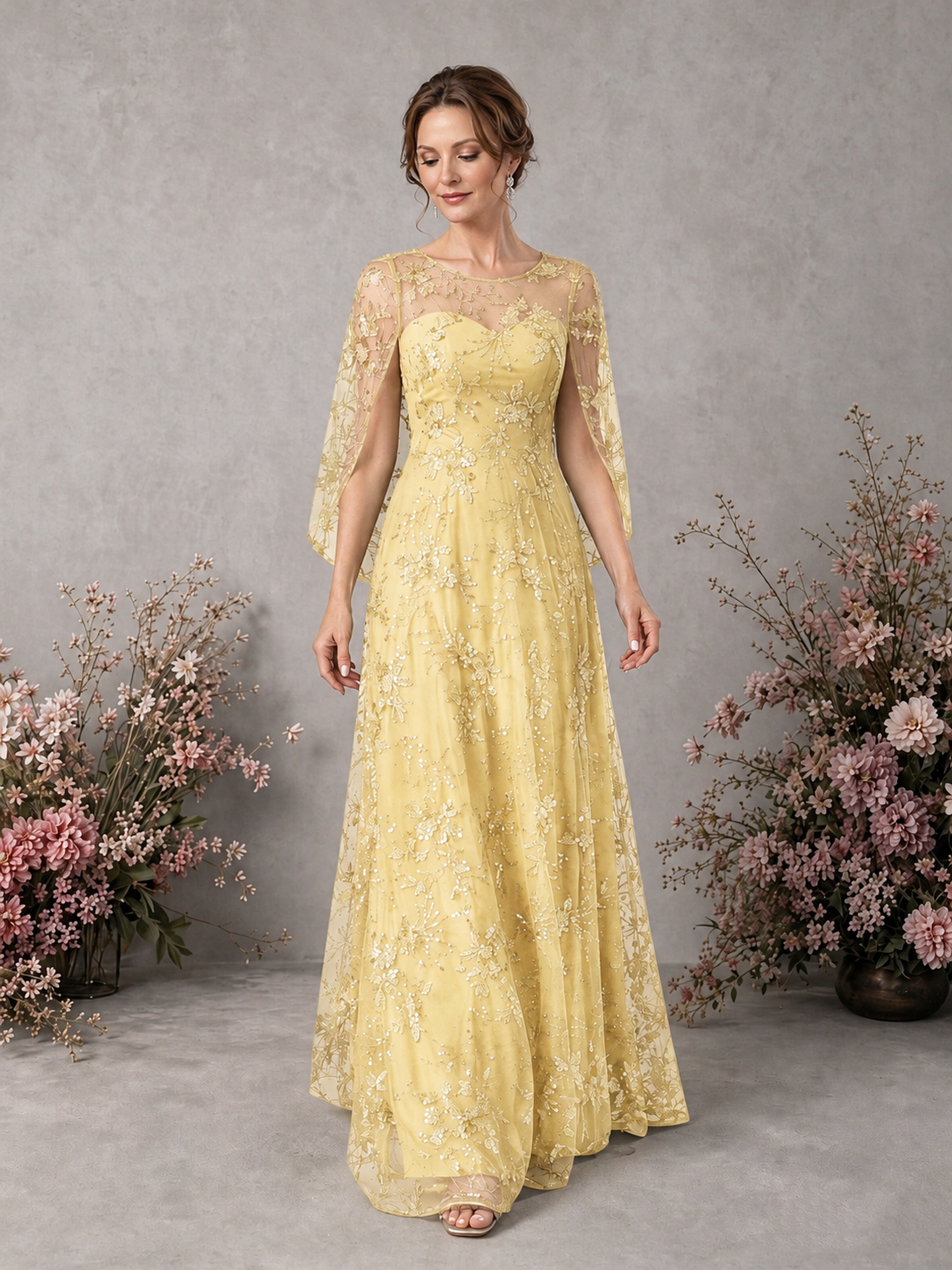 BOLODOO Yellow Sequin Lace Cape Sleeve Formal Evening Gown - Yellow - Yellow_3
