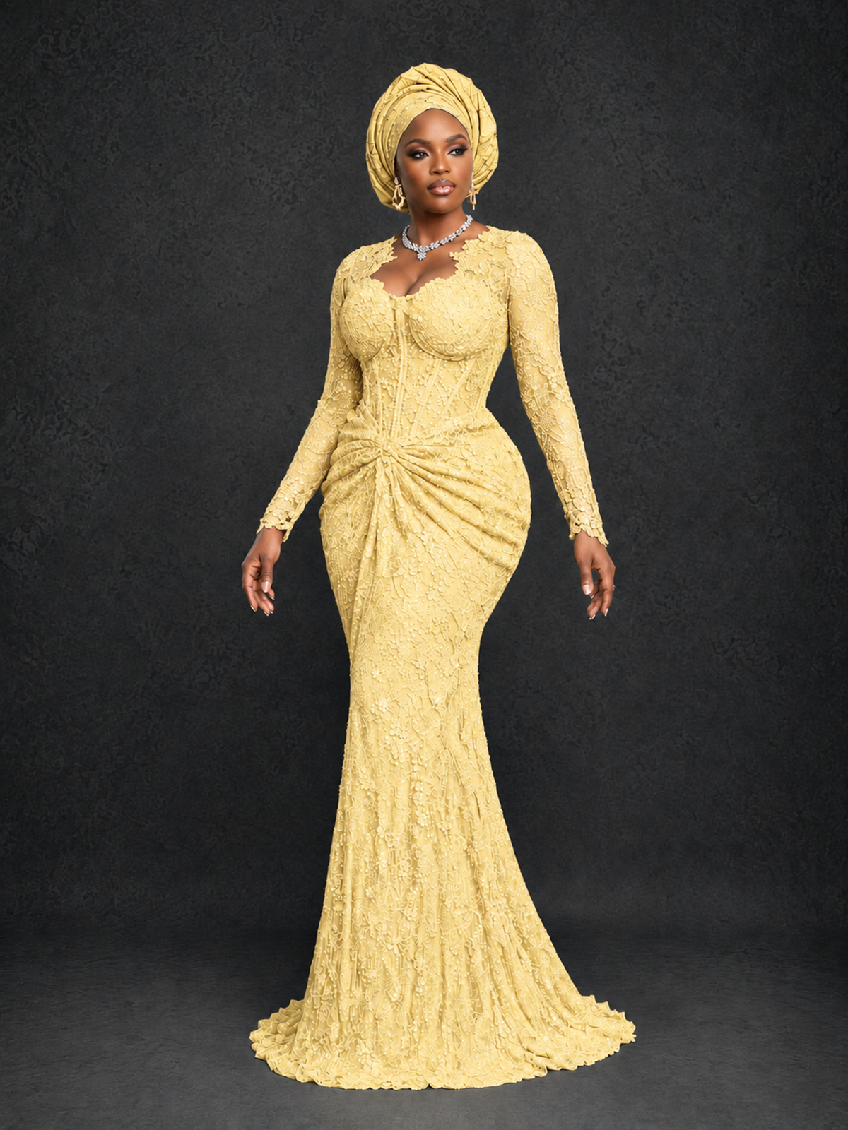 BOLODOO Yellow Beaded Lace Long Sleeve Mermaid Gown Sweetheart | Mother of the Bride - Yellow - Yellow_3