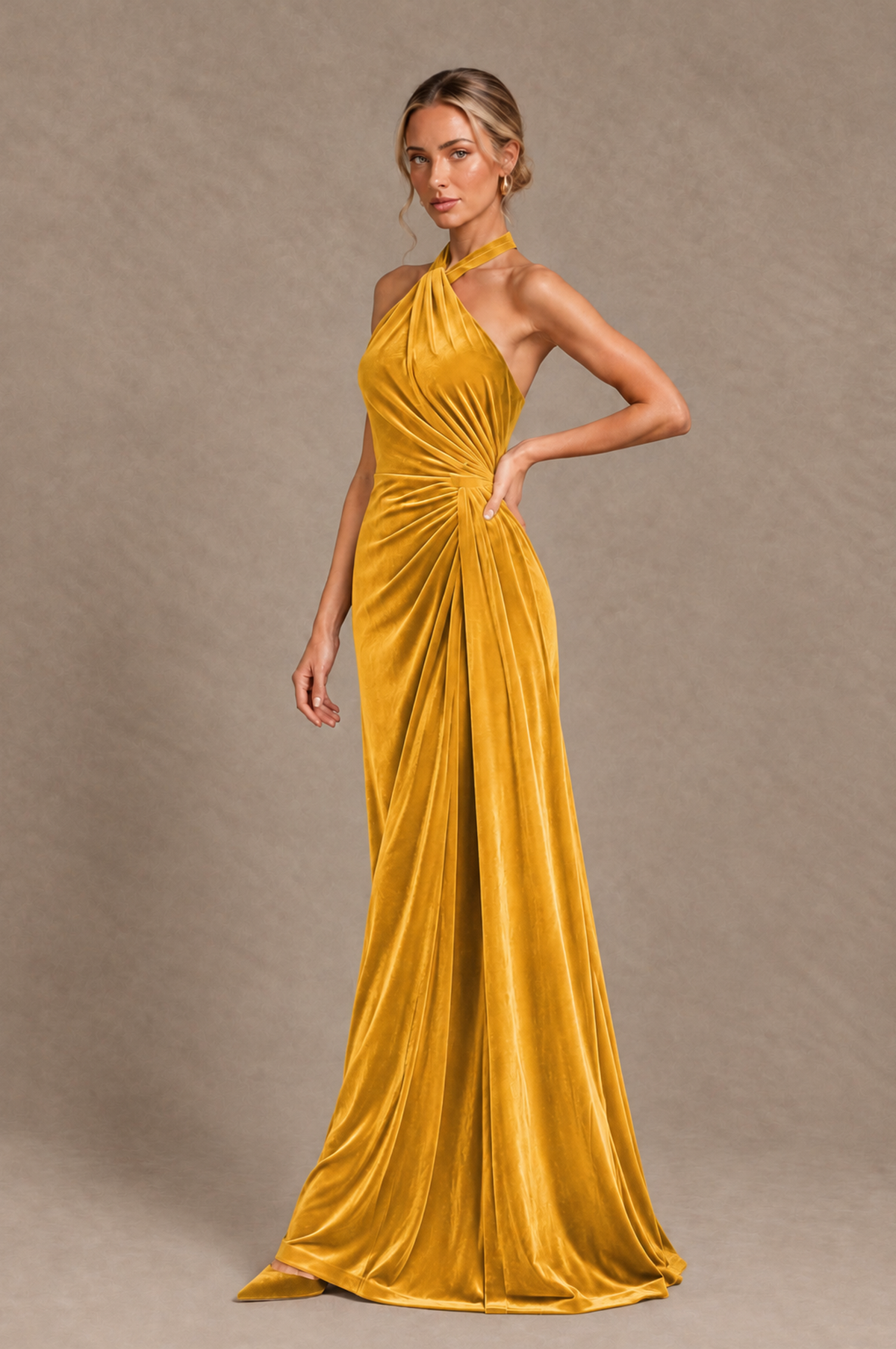 BOLODOO Yellow Velvet Halter Open-Back Ruched Evening Dress - Yellow - Yellow_3