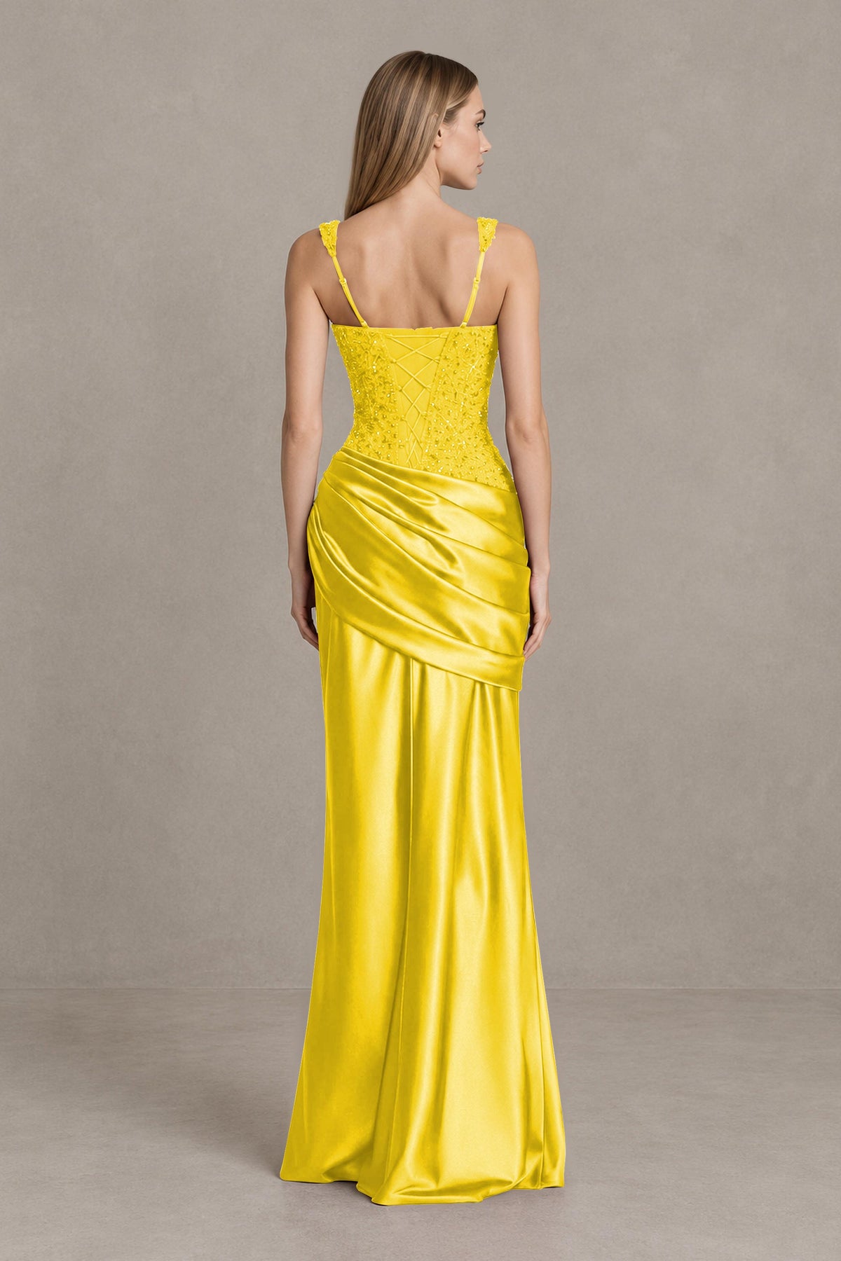 BOLODOO Yellow Square Neck Embellished Satin Evening Gown - Yellow
