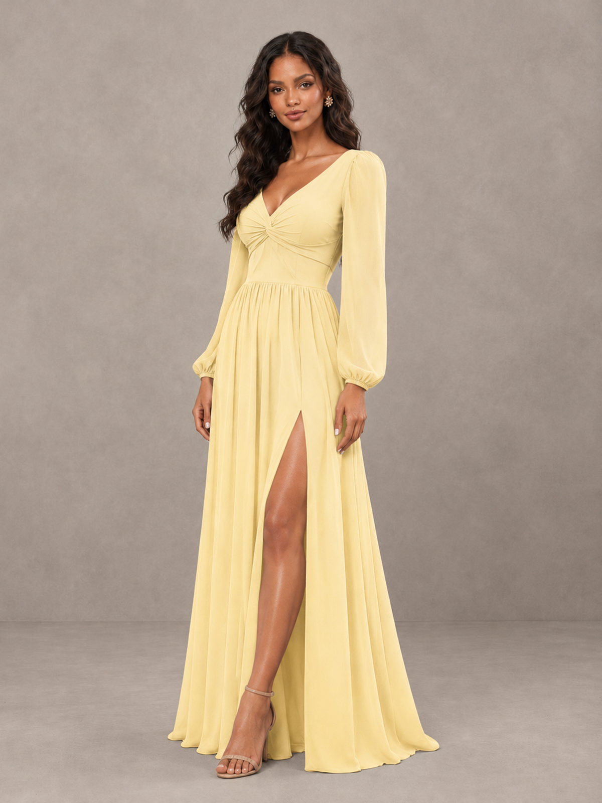 BOLODOO Yellow V-Neck Long Sleeve Bridesmaid Dress with Tie Back and Slit - Yellow - Yellow_3
