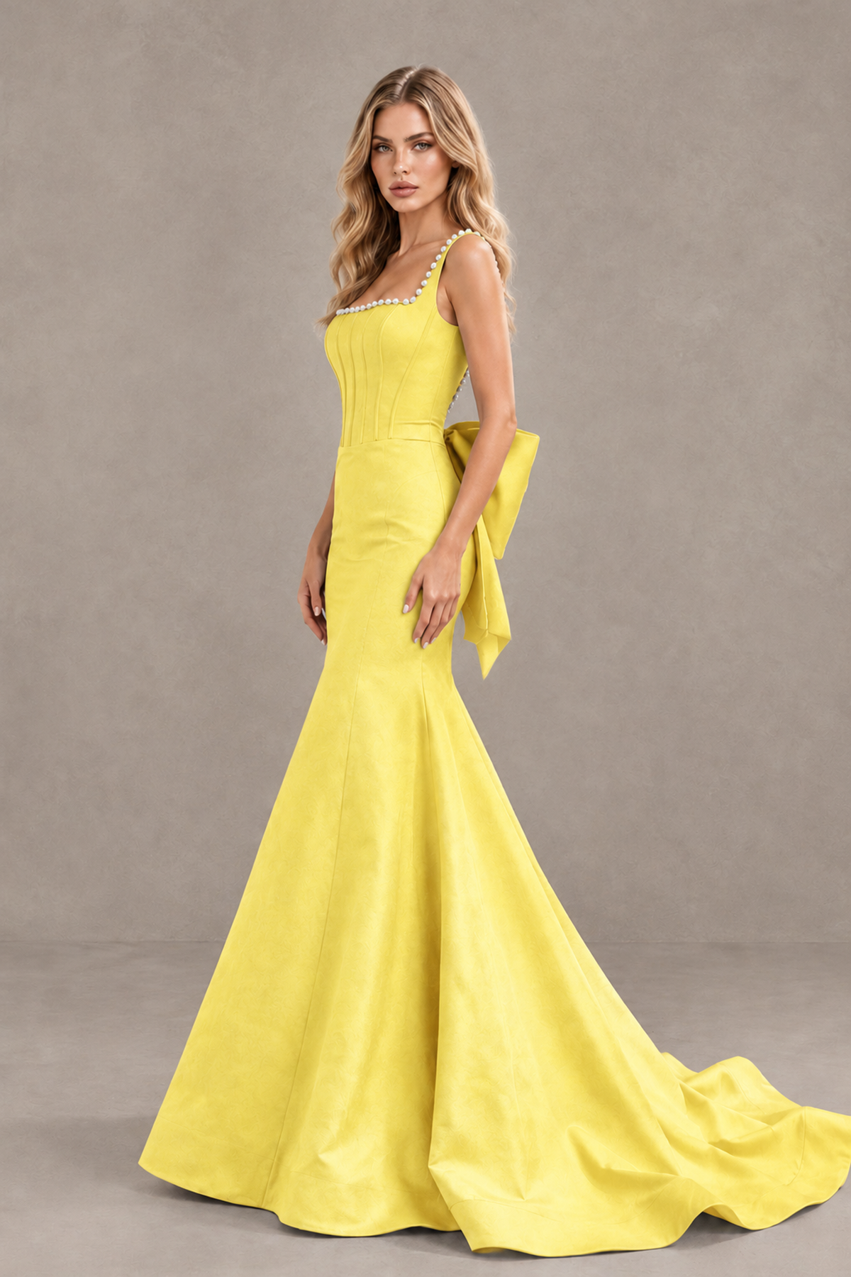BOLODOO Yellow Pearl-Trim Mermaid Prom Dress with Back Bow - Yellow - Yellow_3