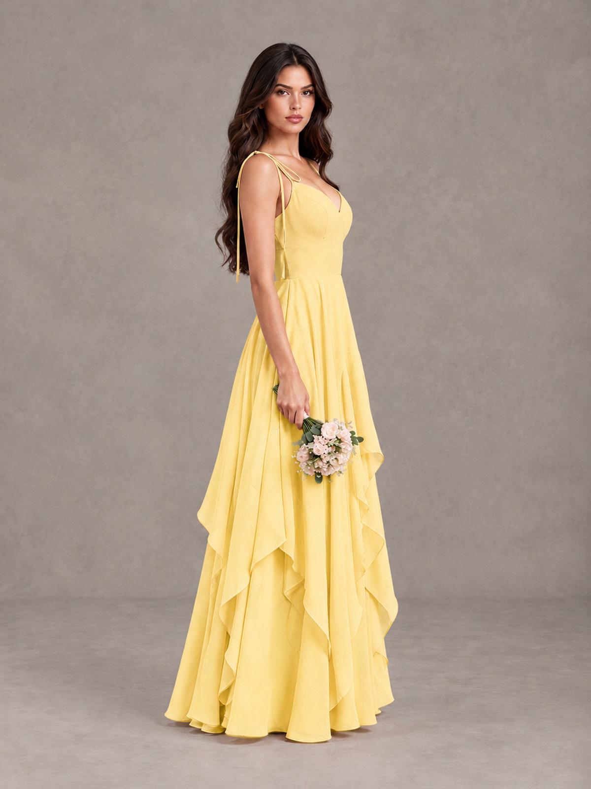 BOLODOO Yellow Tie-Strap Ruffle A-Line Bridesmaid Dress - Yellow - Yellow_3