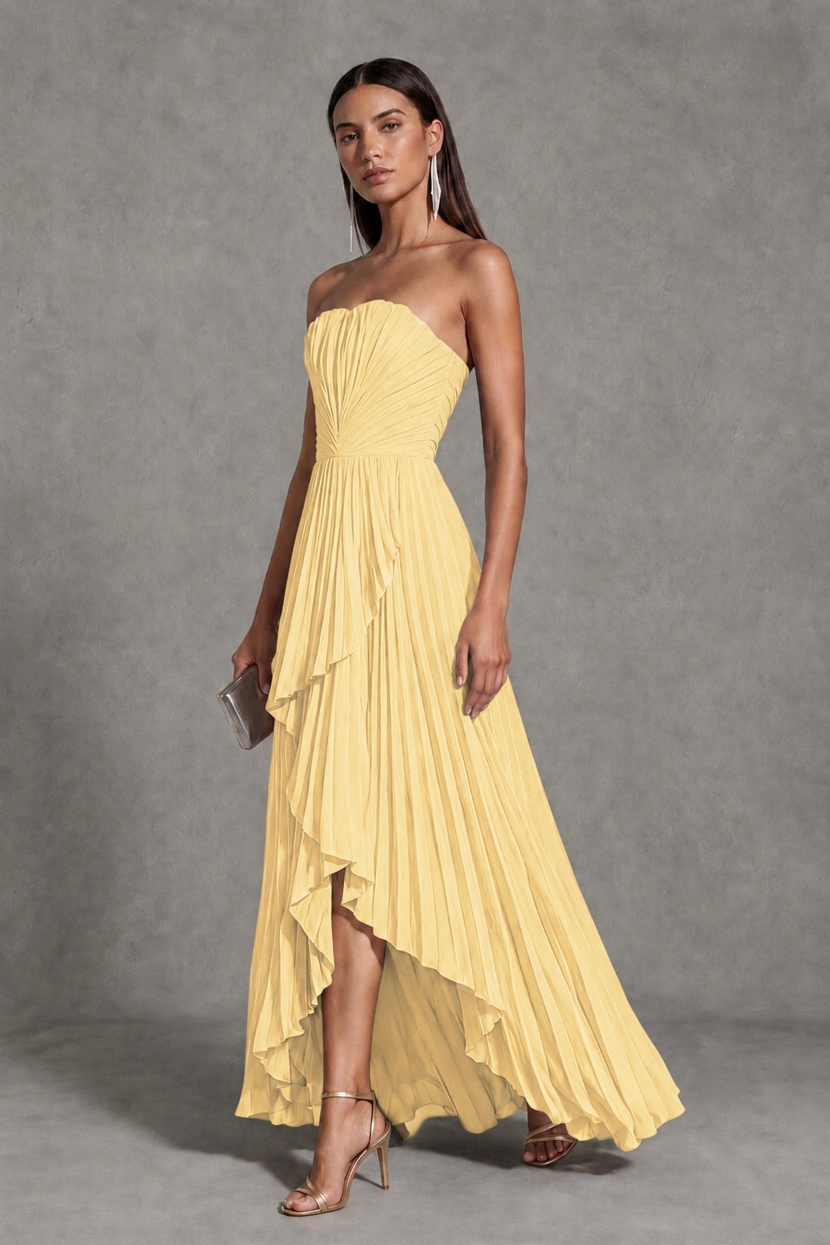 Yellow Strapless Pleated High-Low Evening Gown with Ruffle Hem - Yellow - Yellow_3