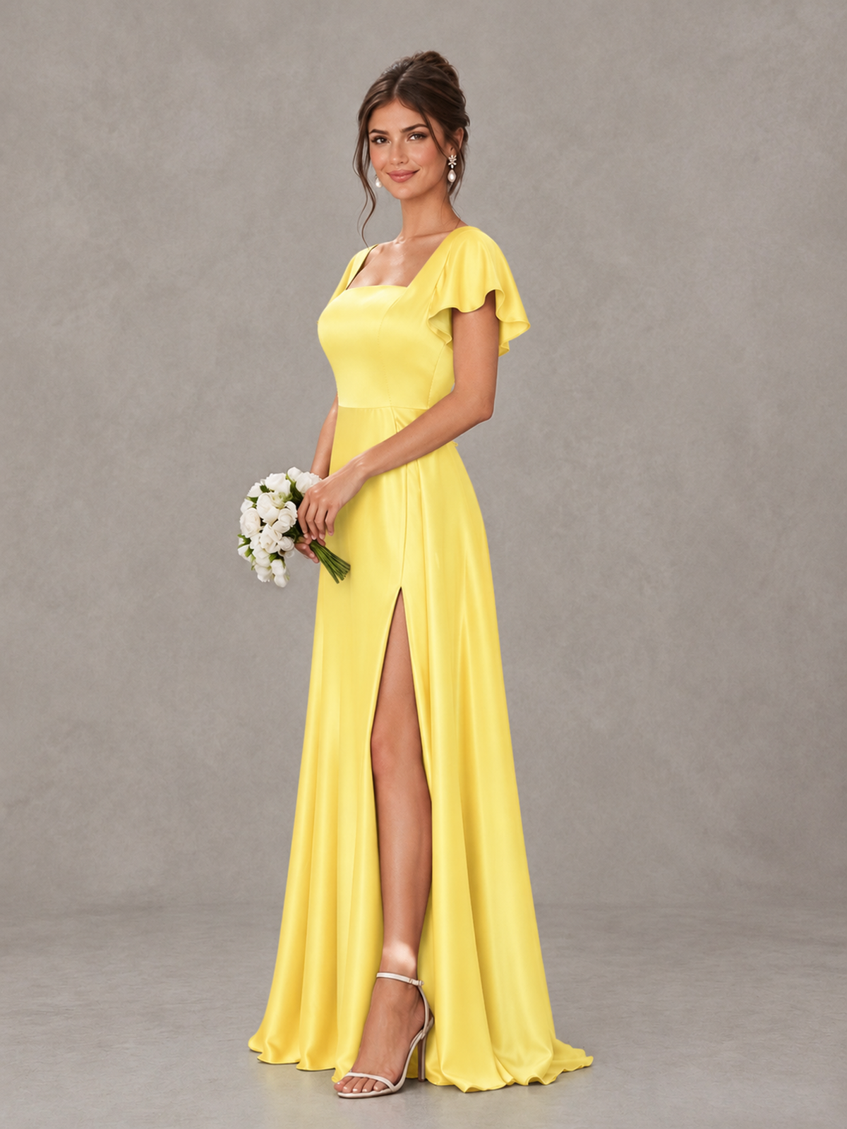 BOLODOO Yellow Satin Square Neck Flutter Sleeve A-Line Bridesmaid Dress with Slit - Yellow - Yellow_3