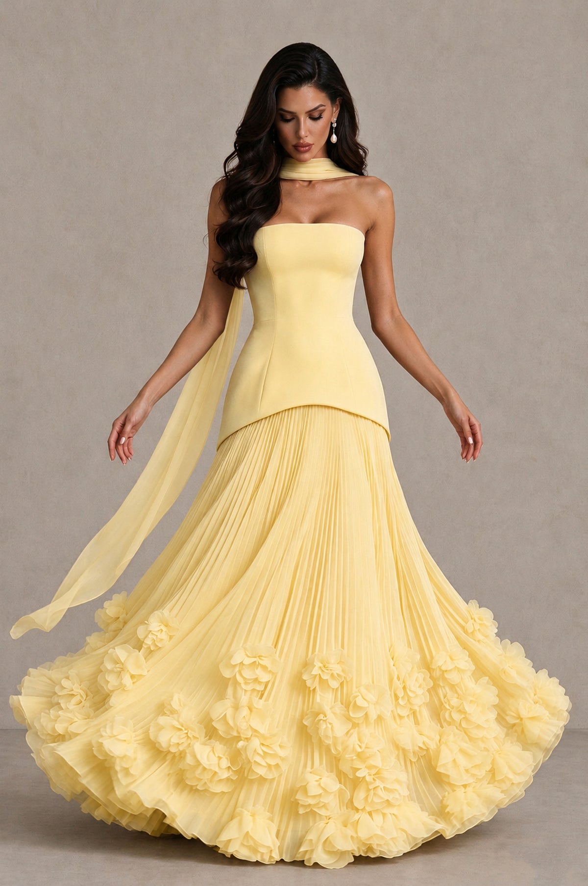 BOLODOO Yellow Strapless Pleated Floral Hem Evening Gown - Yellow - Yellow_3