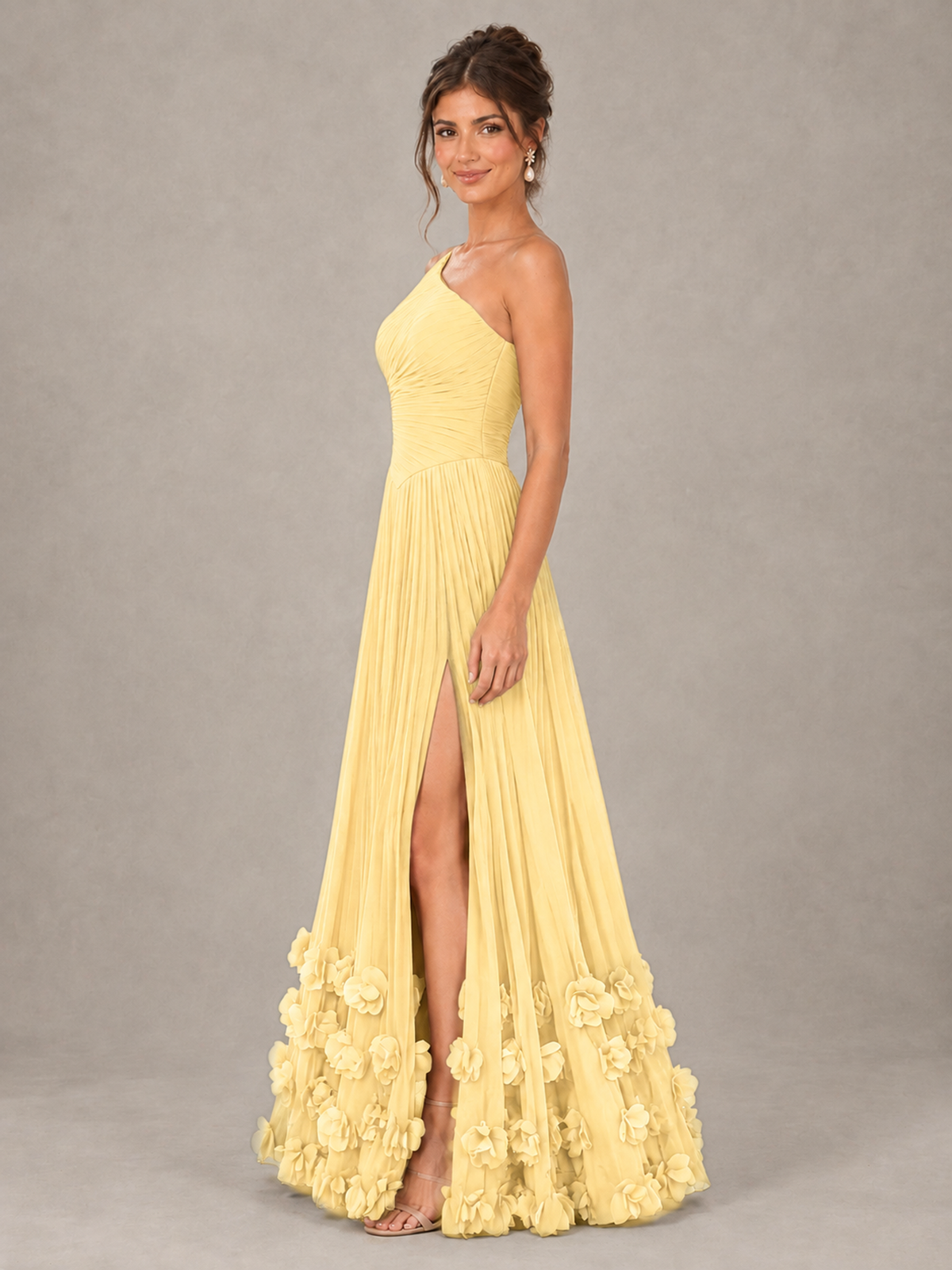 BOLODOO Yellow One-Shoulder Pleated Bridesmaid Dress with 3D Floral Hem - Yellow - Yellow_3