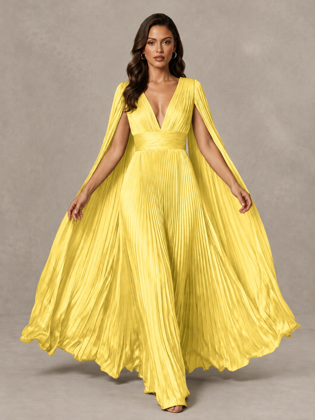 BOLODOO Yellow Deep V-Neck Pleated Cape Sleeve Evening Gown - Yellow - Yellow_3