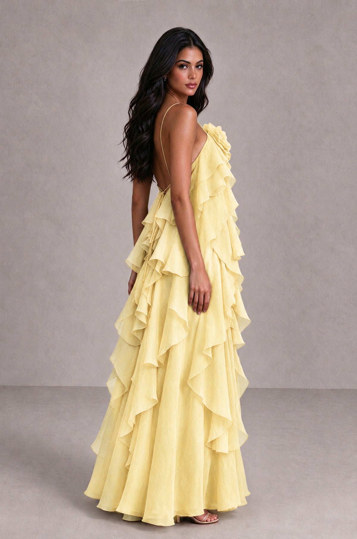 BOLODOO Yellow Cascading Ruffle Rosette Open-Back Maxi Dress - Yellow - Yellow_3