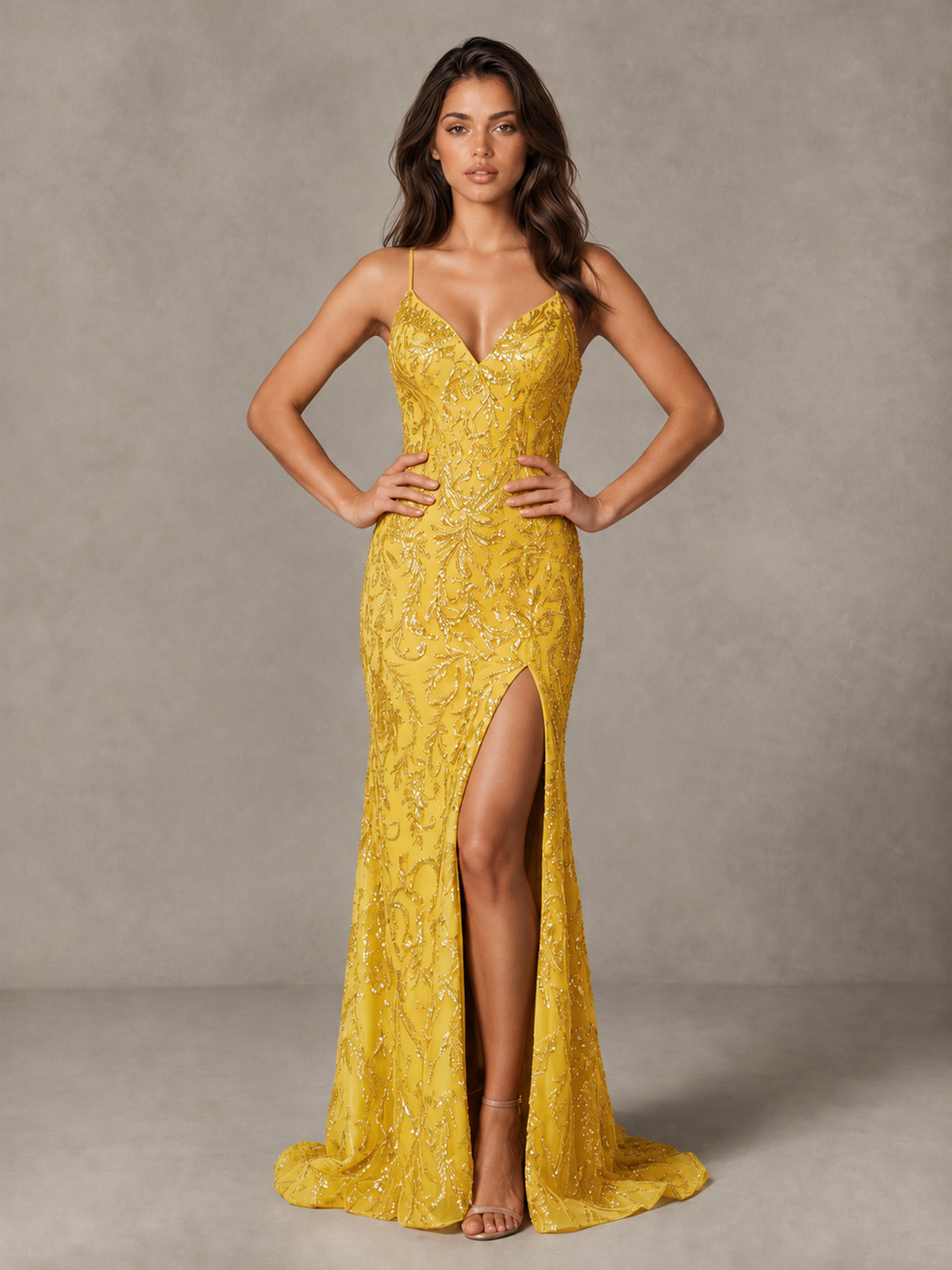 BOLODOO Yellow Sequin Prom Dress with Lace-Up Back and High Slit - Yellow - Yellow_3