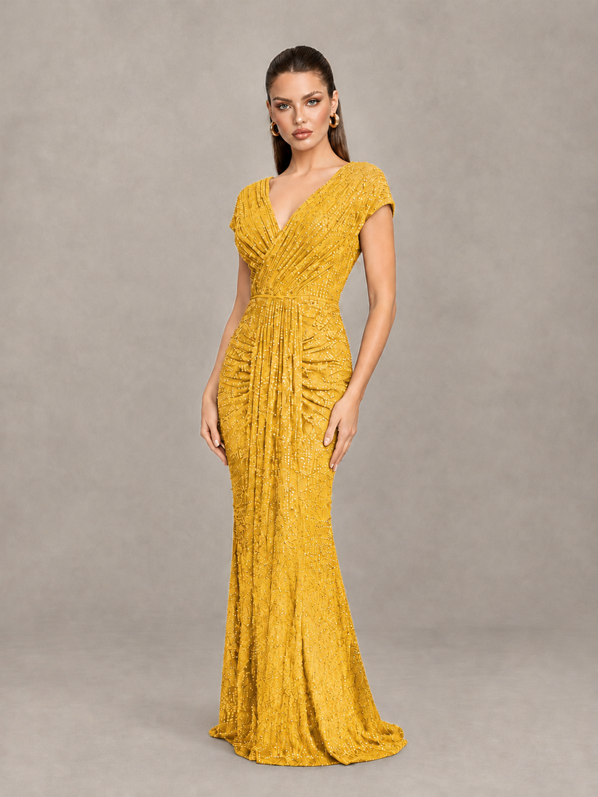 BOLODOO Yellow Glitter V-Neck Cap Sleeve Ruched Mermaid Evening Gown - Yellow - Yellow_3
