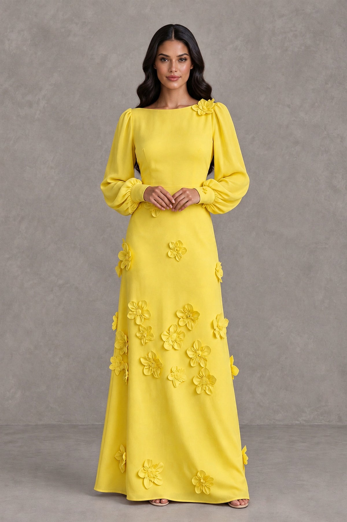 BOLODOO Yellow Long Sleeve Floral Applique A-Line Evening Dress - Yellow - Yellow_3