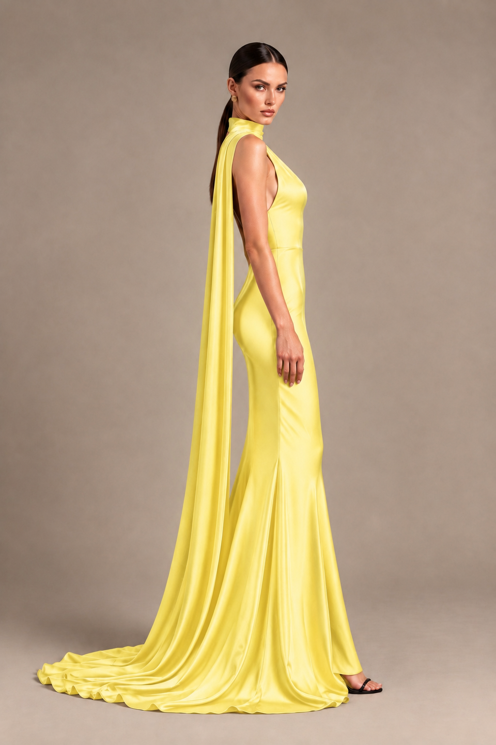 BOLODOO Yellow One-Shoulder Satin Mermaid Evening Dress with Scarf - Yellow - Yellow_3