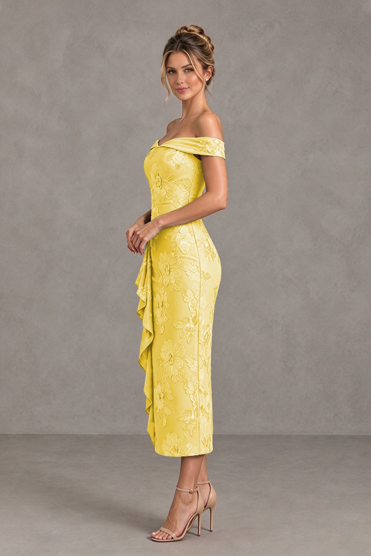 BOLODOO Yellow Off Shoulder Floral Jacquard Midi Dress - Yellow - Yellow(3)