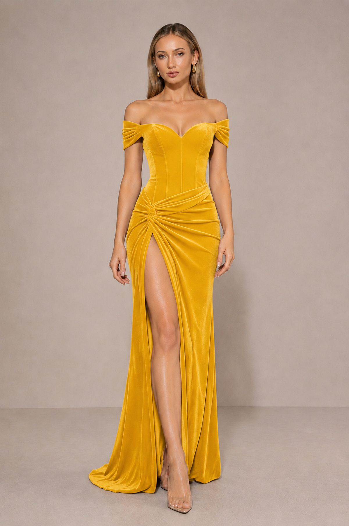 BOLODOO Yellow Velvet Off-Shoulder Ruched High Slit Evening Dress - Yellow - Yellow_3