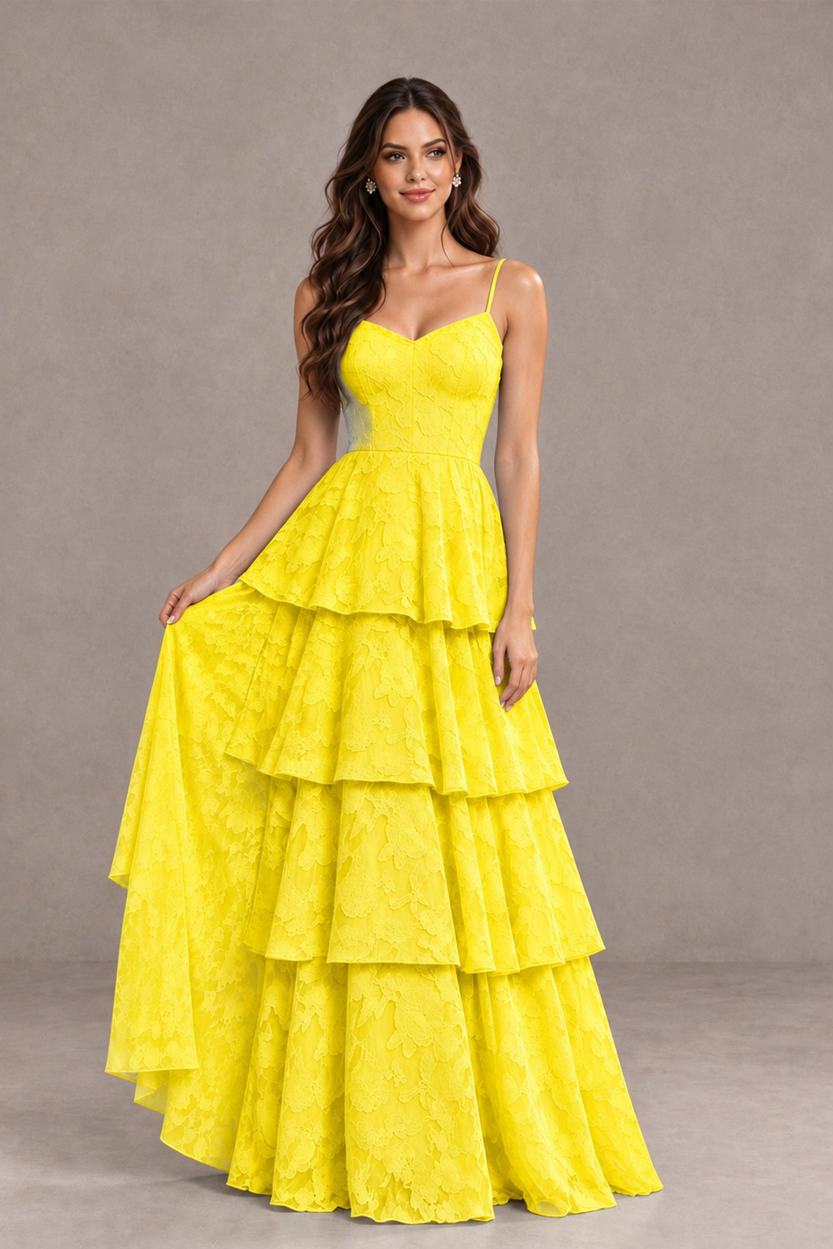 BOLODOO Yellow Tiered Floral-Textured Spaghetti Strap Maxi Dress - Yellow - Yellow_3
