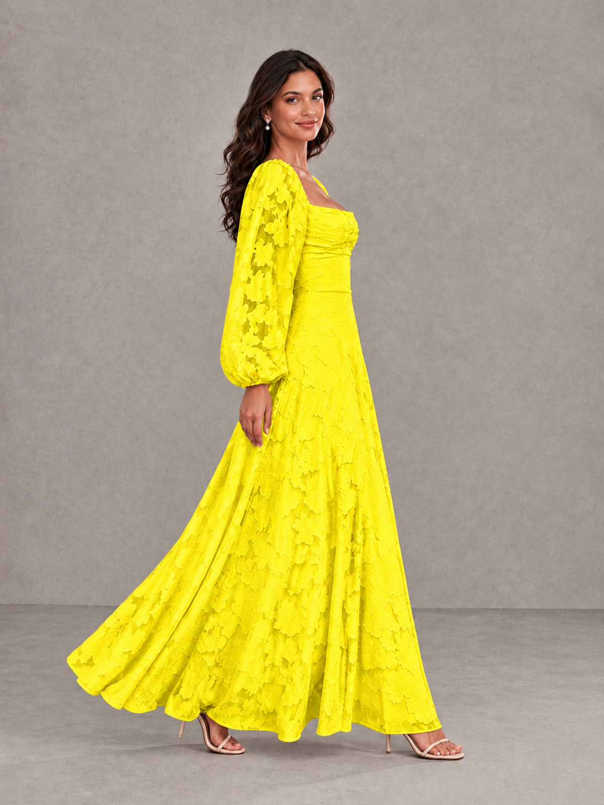 BOLODOO Yellow Floral Long Sleeve A-Line Bridesmaid Dress - Yellow - Yellow_3