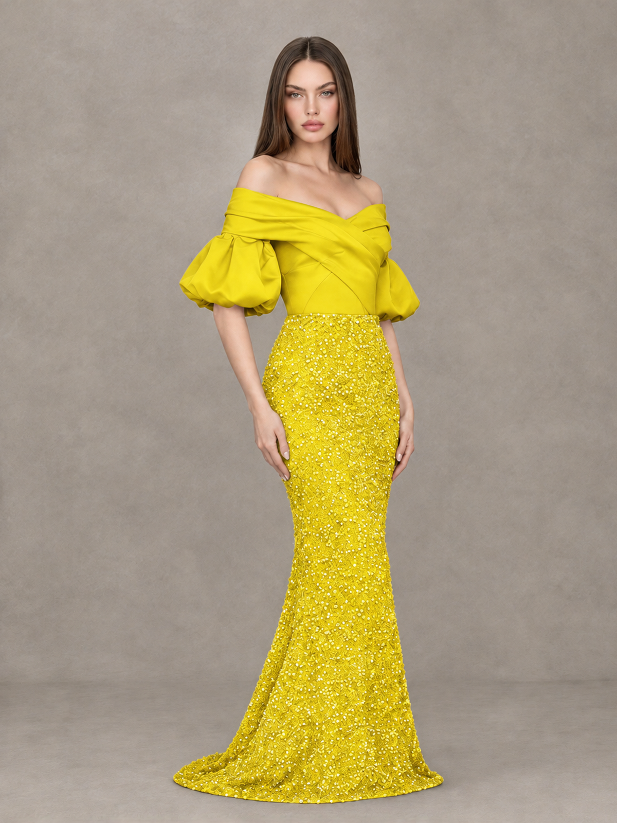 BOLODOO Yellow Off-Shoulder Puff Sleeve Sequin Mermaid Evening Dress - Yellow - Yellow_3