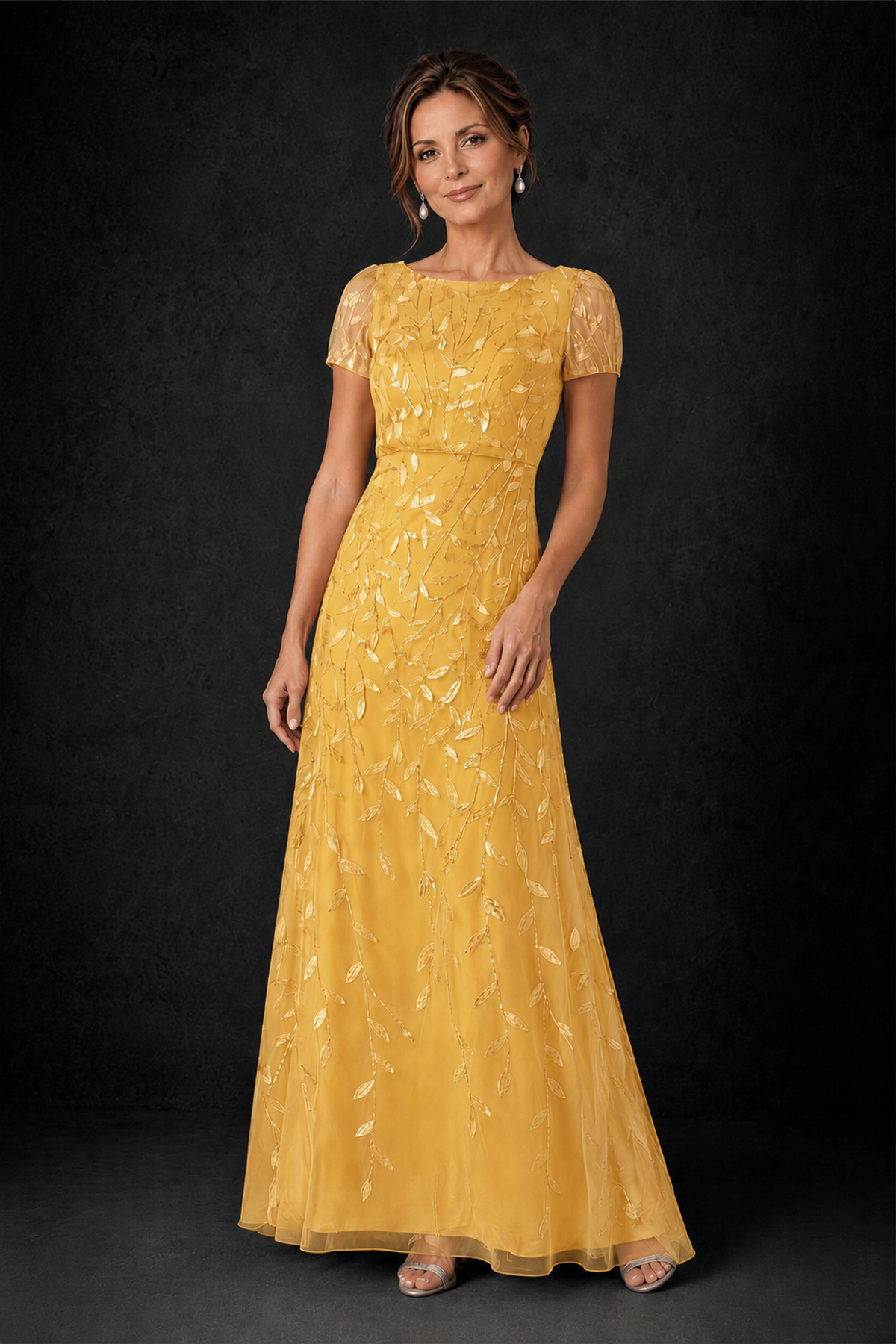 BOLODOO Yellow Leaf Embroidered A-Line Formal Gown with Cap Sleeves - Yellow - Yellow_3
