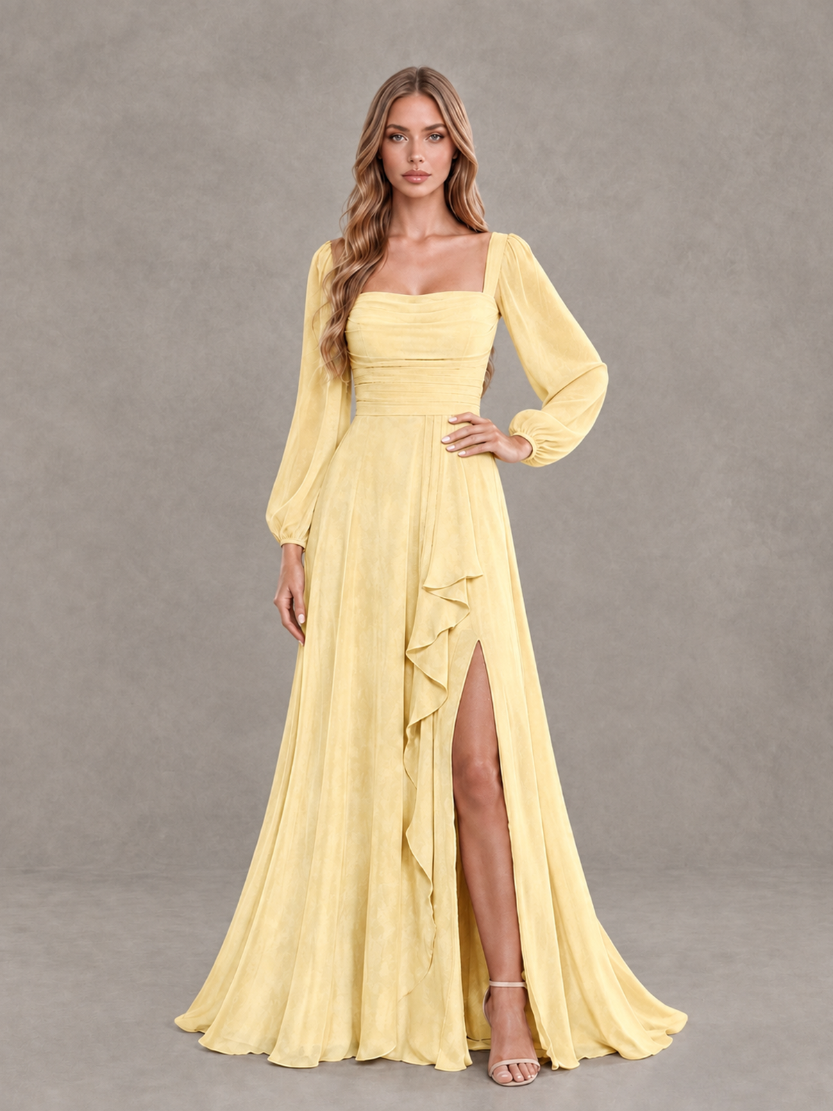 BOLODOO Yellow Square Neck Long Sleeve Bridesmaid Dress with Ruffle Slit - Yellow - Yellow_3