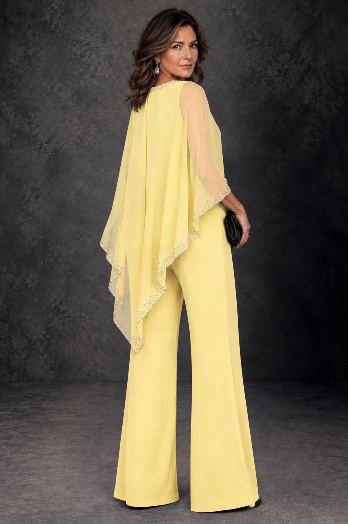 BOLODOO Yellow Embellished Cape Mother of the Bride Pantsuit - Yellow - Yellow_3