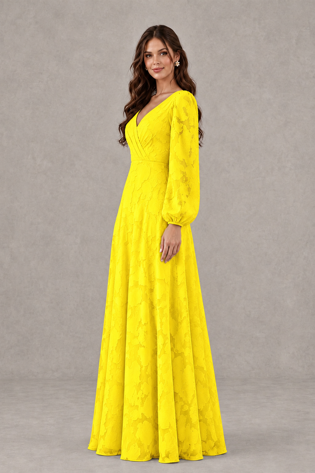 BOLODOO Yellow Long Sleeve V-Neck A-Line Mother of the Bride Dress - Yellow - Yellow_3