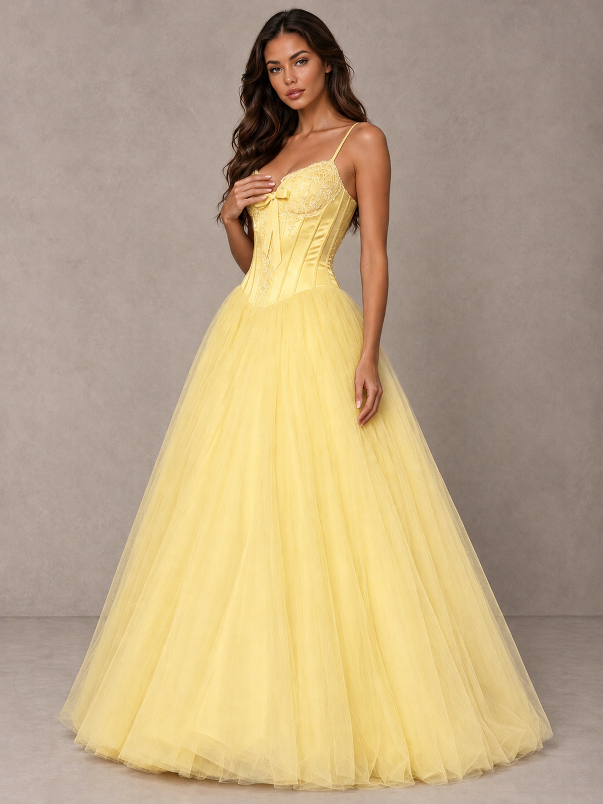 BOLODOO Yellow Corset Tulle Prom Dress with Spaghetti Straps - Yellow - Yellow_3