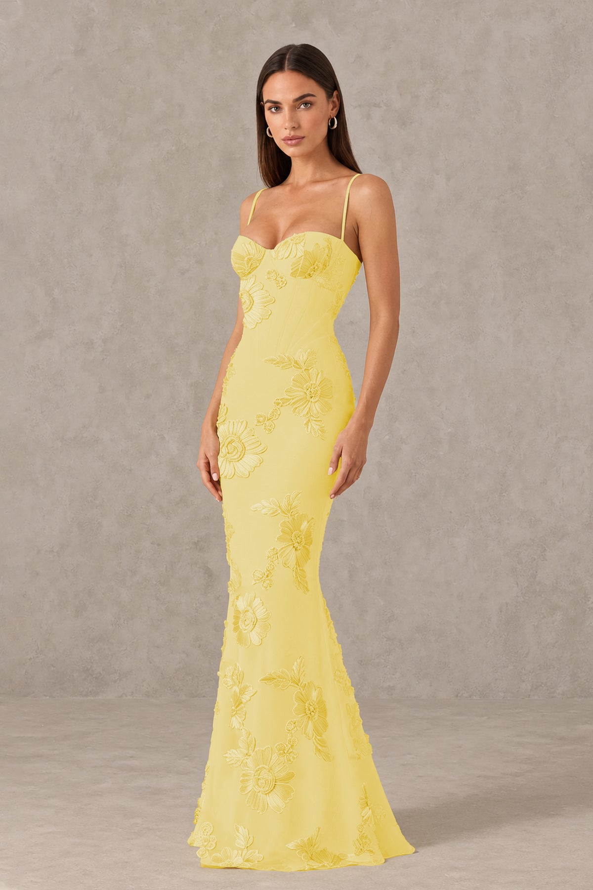 BOLODOO Yellow Floral Lace-Up Back Mermaid Maxi Dress - Yellow