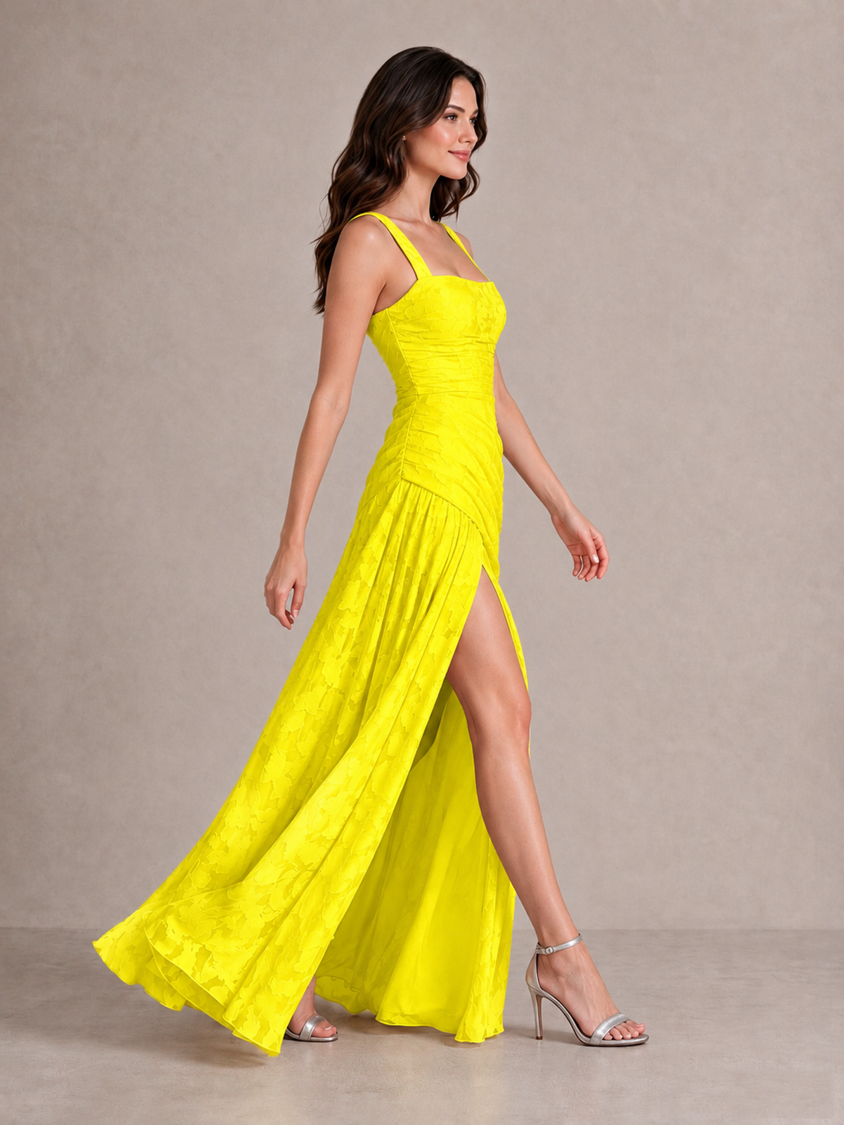 BOLODOO Yellow Floral Jacquard Bridesmaid Dress with Square Neck, Lace-Up Back & High Slit - Yellow - Yellow_3