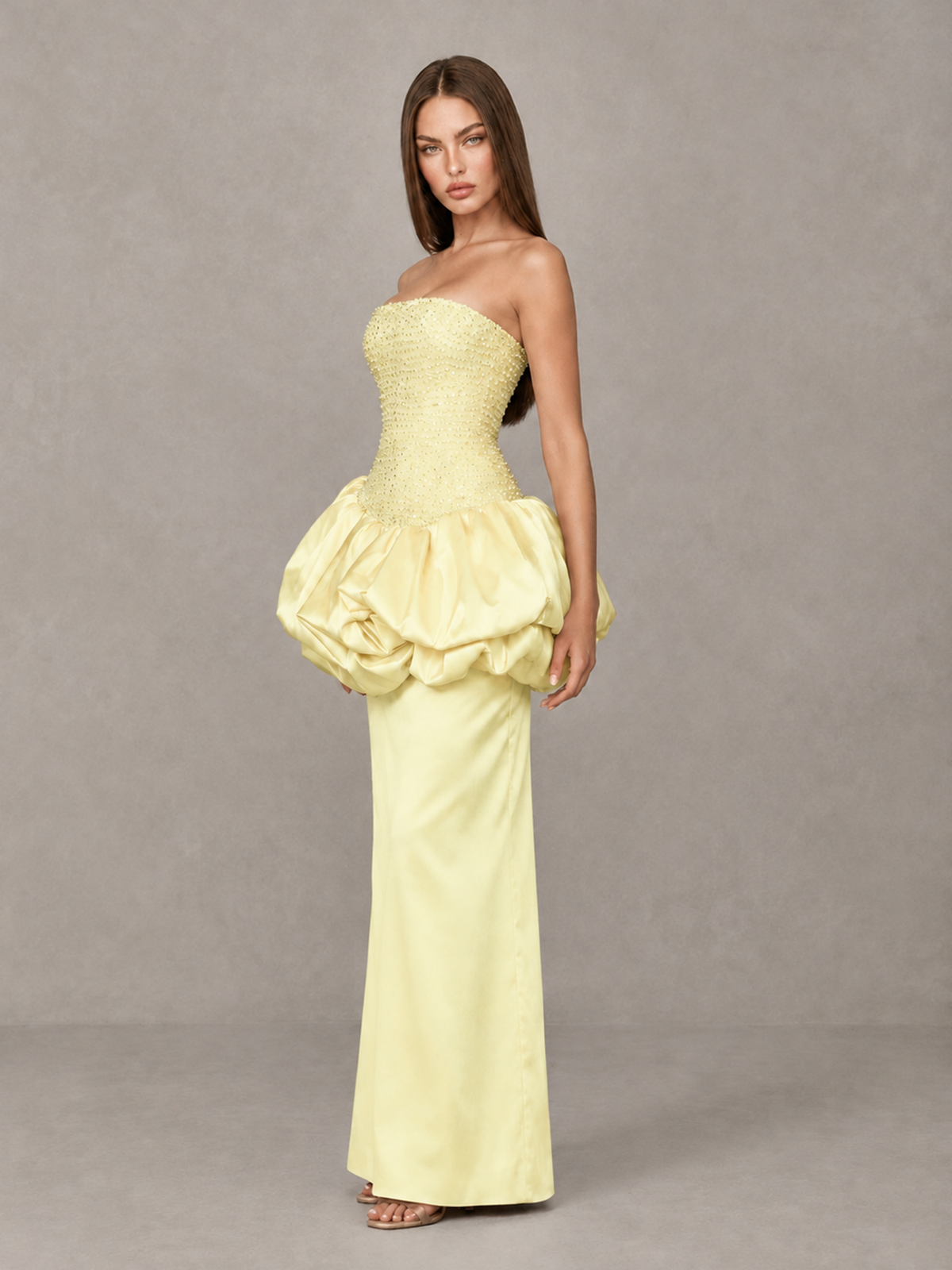 BOLODOO Yellow Strapless Embellished Bubble Peplum Evening Dress - Yellow - Yellow_3