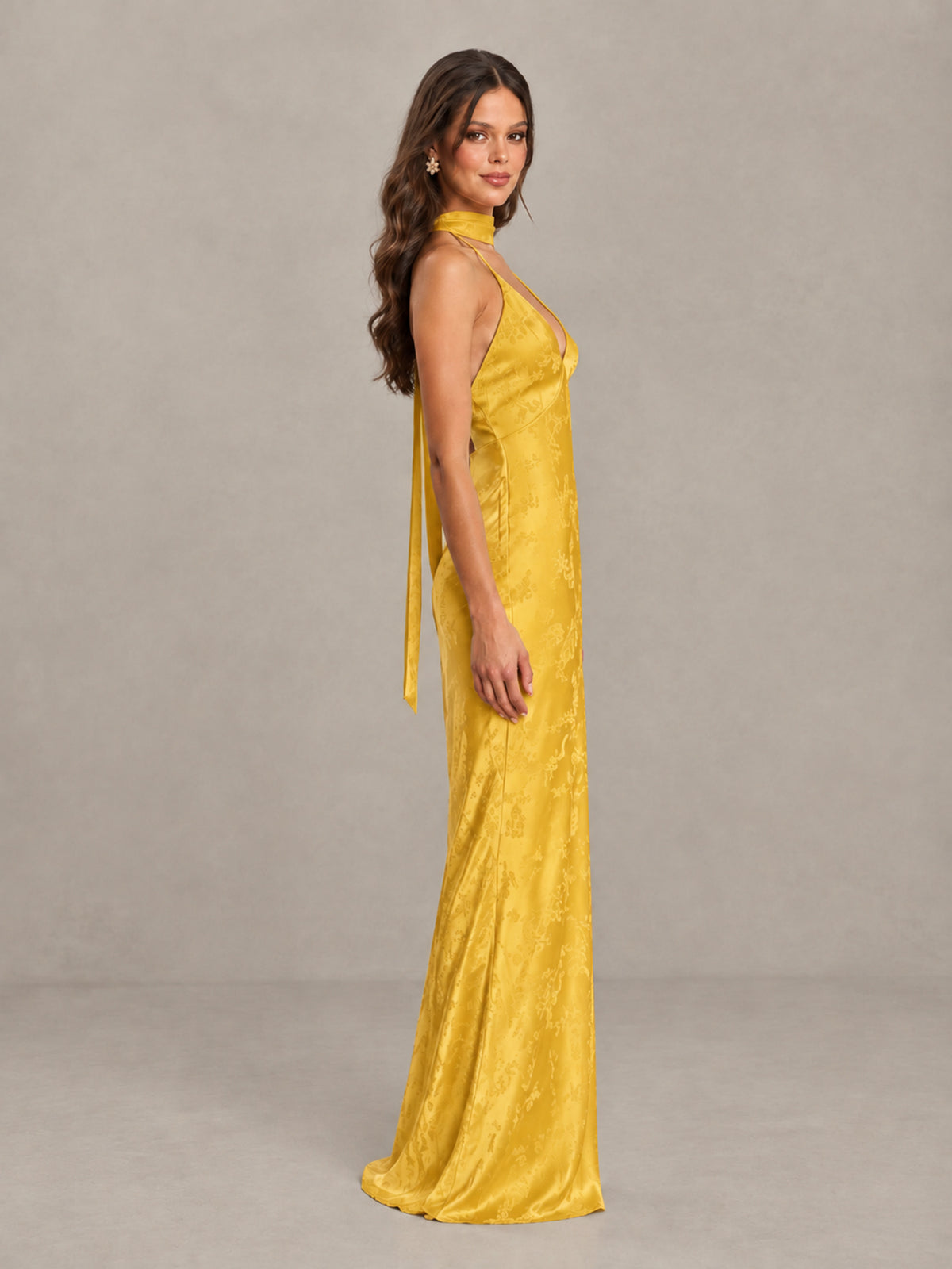 BOLODOO Yellow Floral Satin Open-Back Bridesmaid Dress - Yellow - Yellow_3