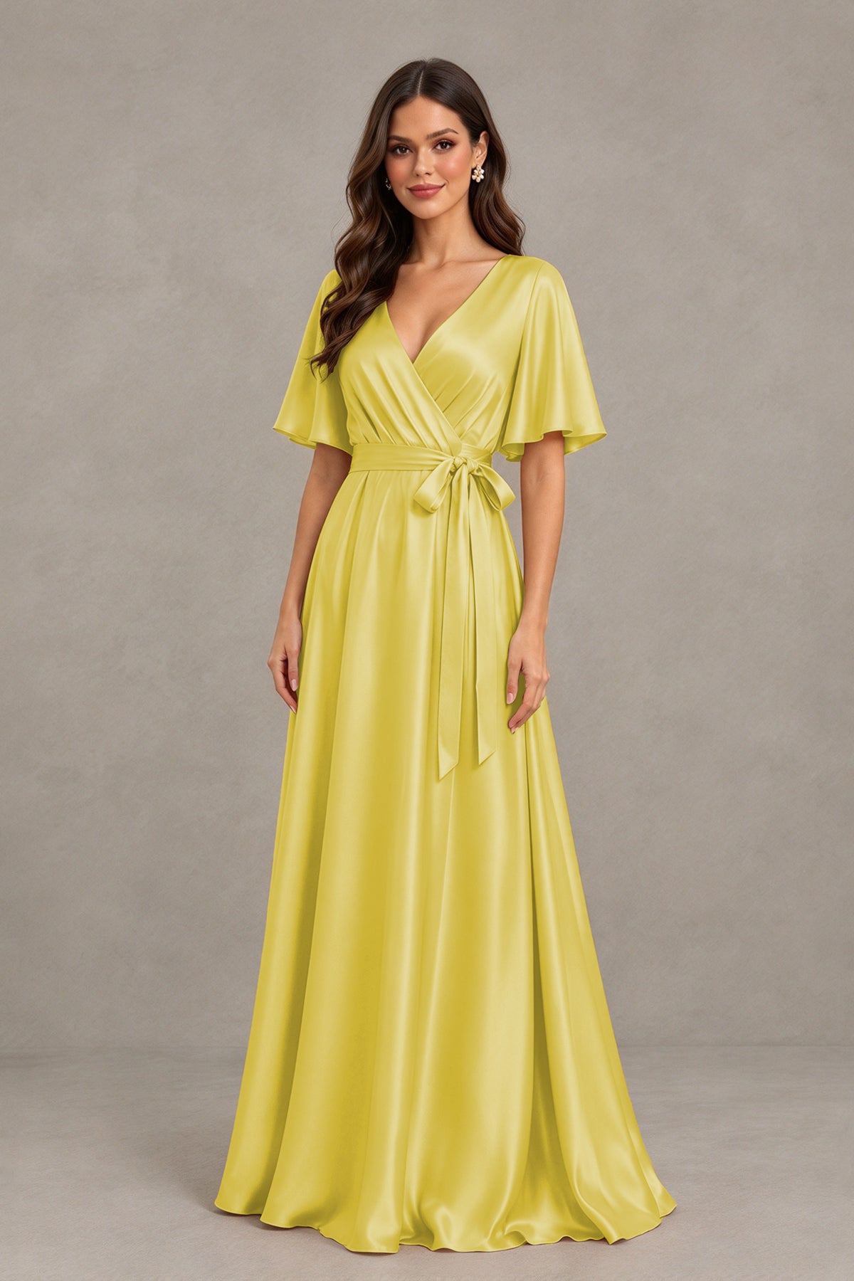 BOLODOO Yellow Satin V-Neck Flutter Sleeve Bridesmaid Dress with Slit - Yellow - Yellow(3)